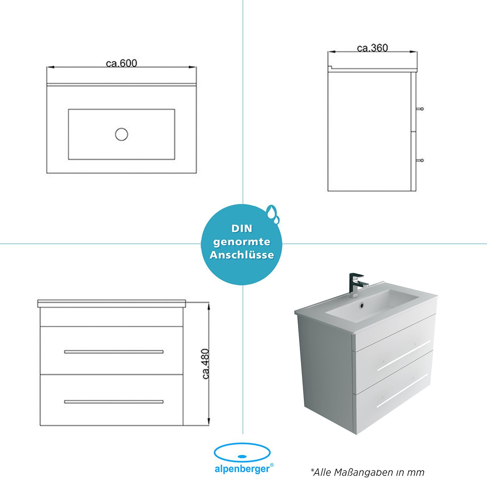 Alpenberger Waschbecken & Badunterschrank Weiß - Badmöbel Gäste WC mit Handwaschbecken (Vormontiertes Komplett-Set - Waschplätze, 2-St., 60cm Breit Waschtisch mit Keramikbecken), hygienisch durch Lotuseffekt, Soft-Close Schubladen