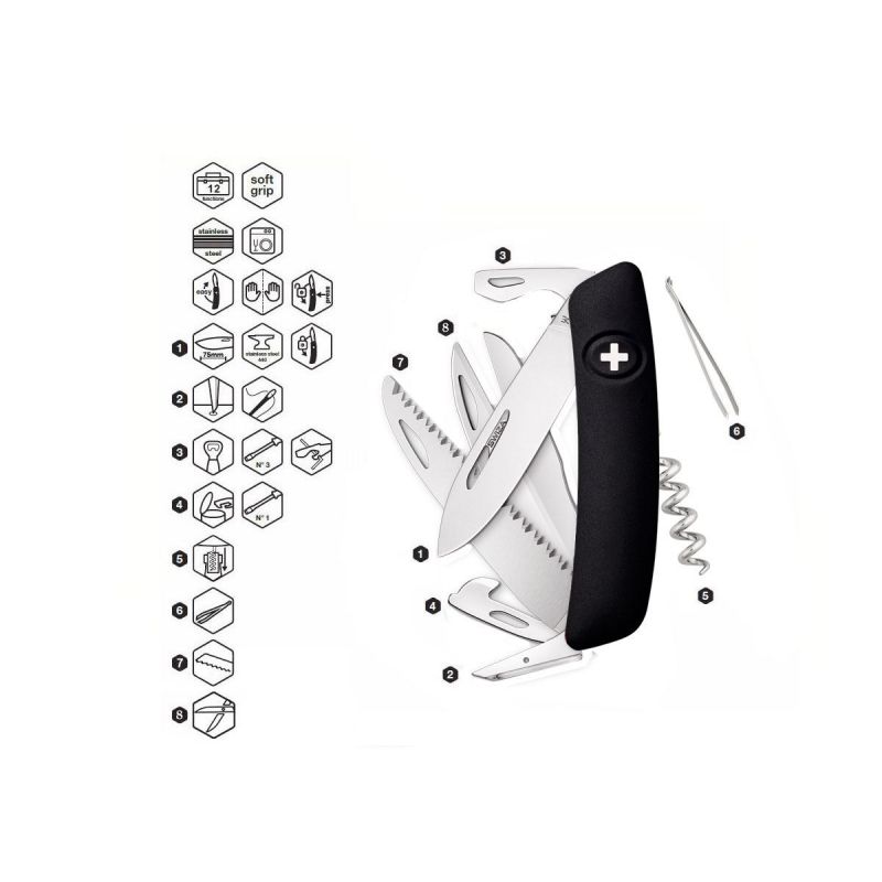 Swiza D09 Schwarz, multifunktionales Schweizer Taschenmesser