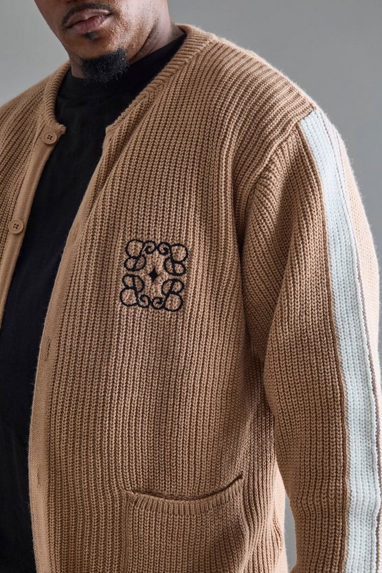 Plus gestreifter Colorblock Cardigan in Taupe