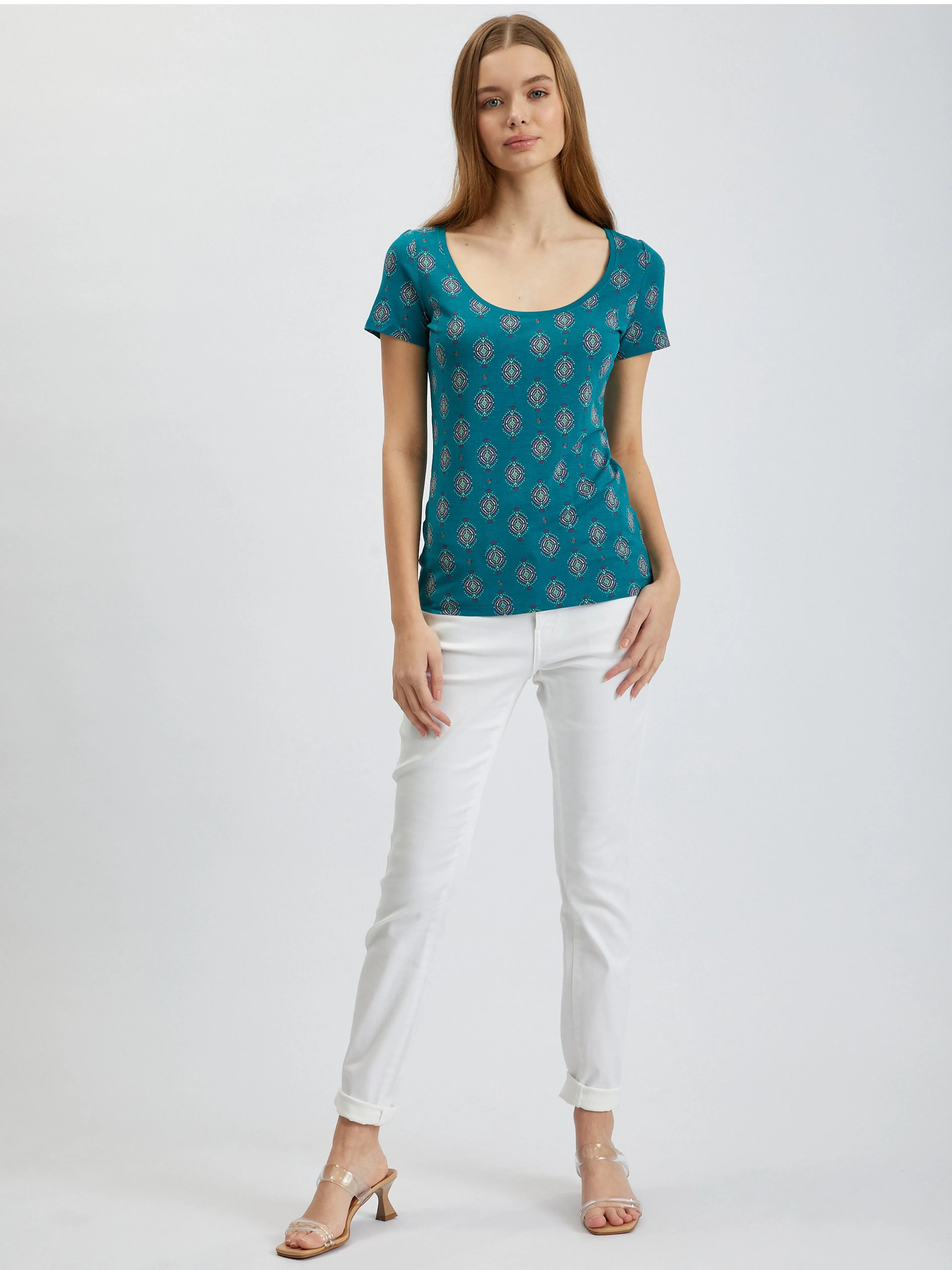 Petrolfarbenes gemustertes Damen-T-Shirt ORSAY
