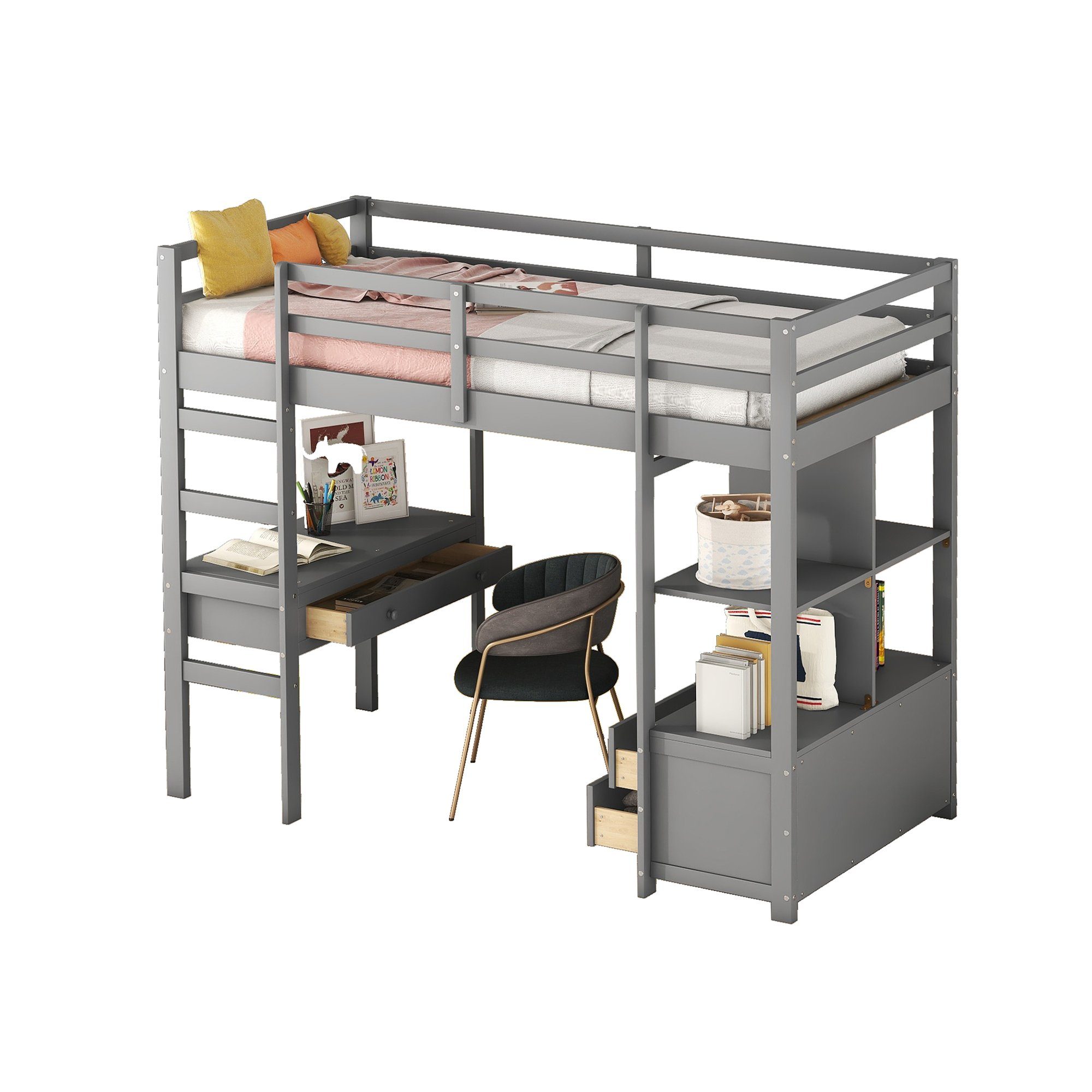 HAUSS SPLOE Etagenbett Kinderbett Hochbett Bettgestell mit Schreibtisch und Schubladen (mit Stauraumschubladen, mit Unterbettschreibtisch), 90 x200cm