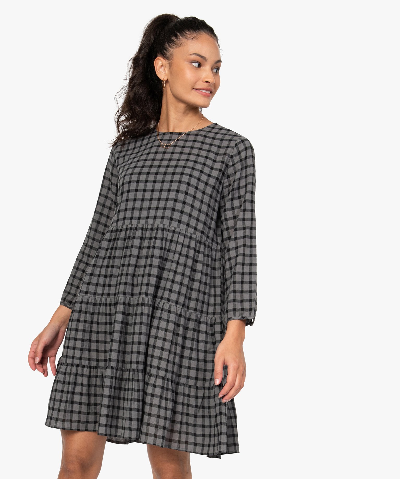 Robe femme ample à carreaux manches 3/4 | GEMO