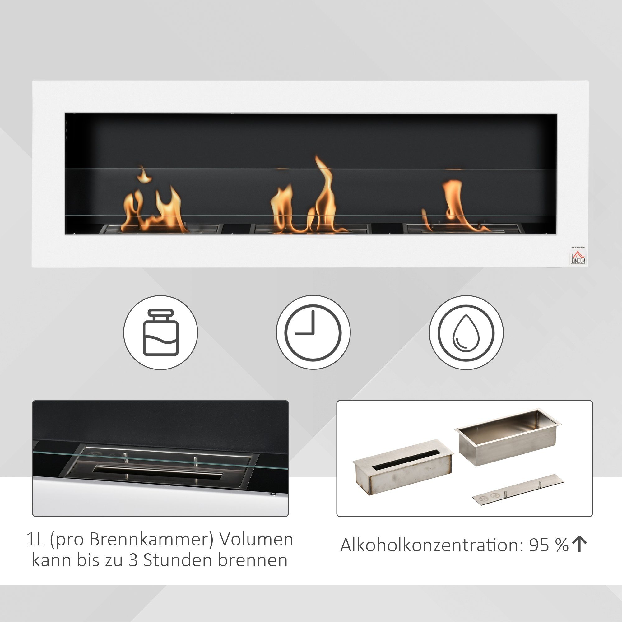 HOMCOM Echtfeuer-Dekokamin Alkohol-Kamin, Ethanol-Kamin Bio-Ethanol-Brenner 3 Brennboxen 3 Std. Brenndauer Weiß