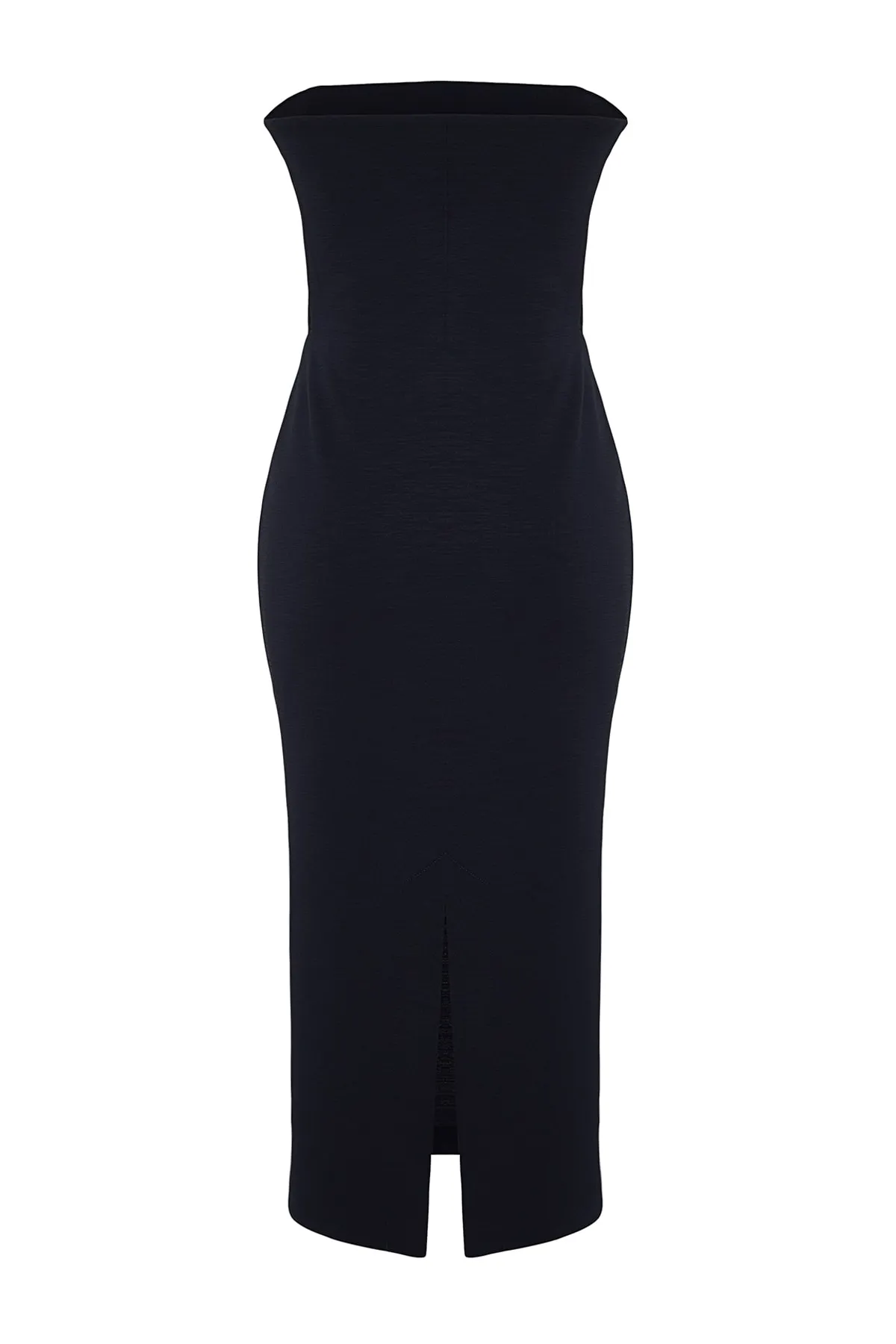 Trendyol Collection  Marineblauer, einfarbiger Premium-Struktur-Crêpe, eleganter, trägerloser Gippeli-Midi-Strick TWOSS23EL02381
