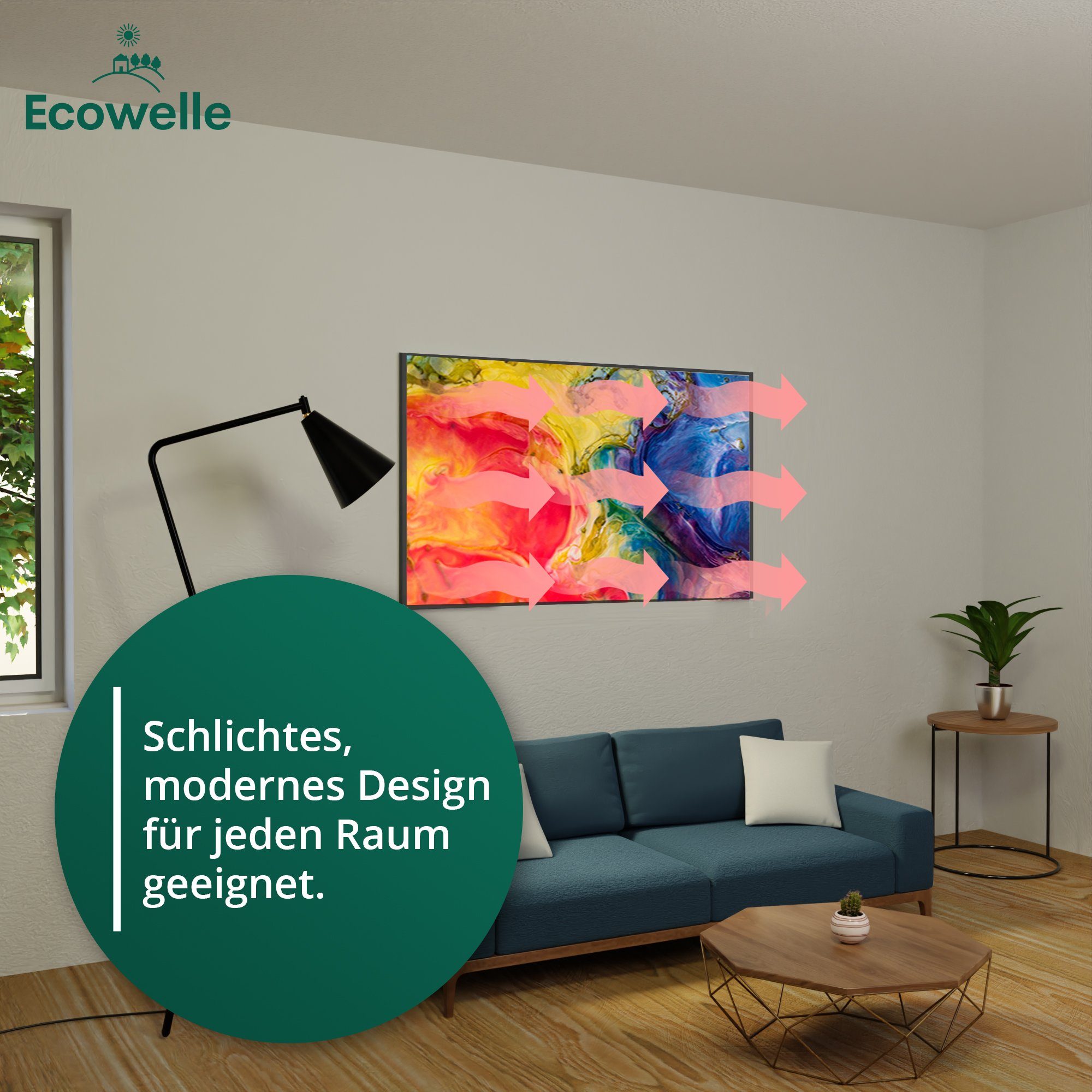 Ecowelle Infrarotheizung Elektroheizung + Wifi App Thermostat, 350-1200 Watt Made in Germany, TÜV Geprüft, Aluminium Rahmen