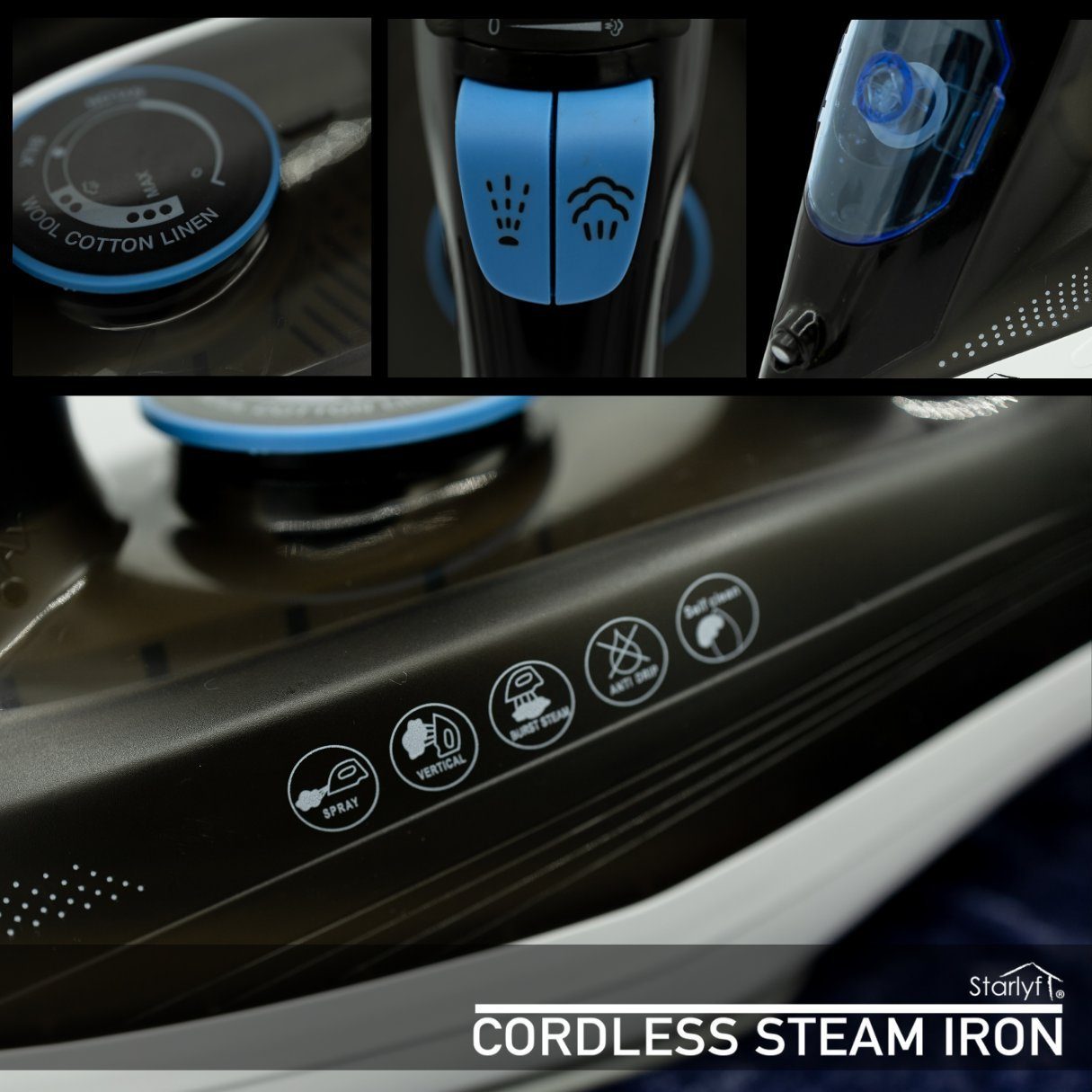 Starlyf Dampfbügeleisen Cordless Steam Iron, 2400 W, kabelloses Bügeleisen, Sohle mit keramischer Antihaftbeschichtung