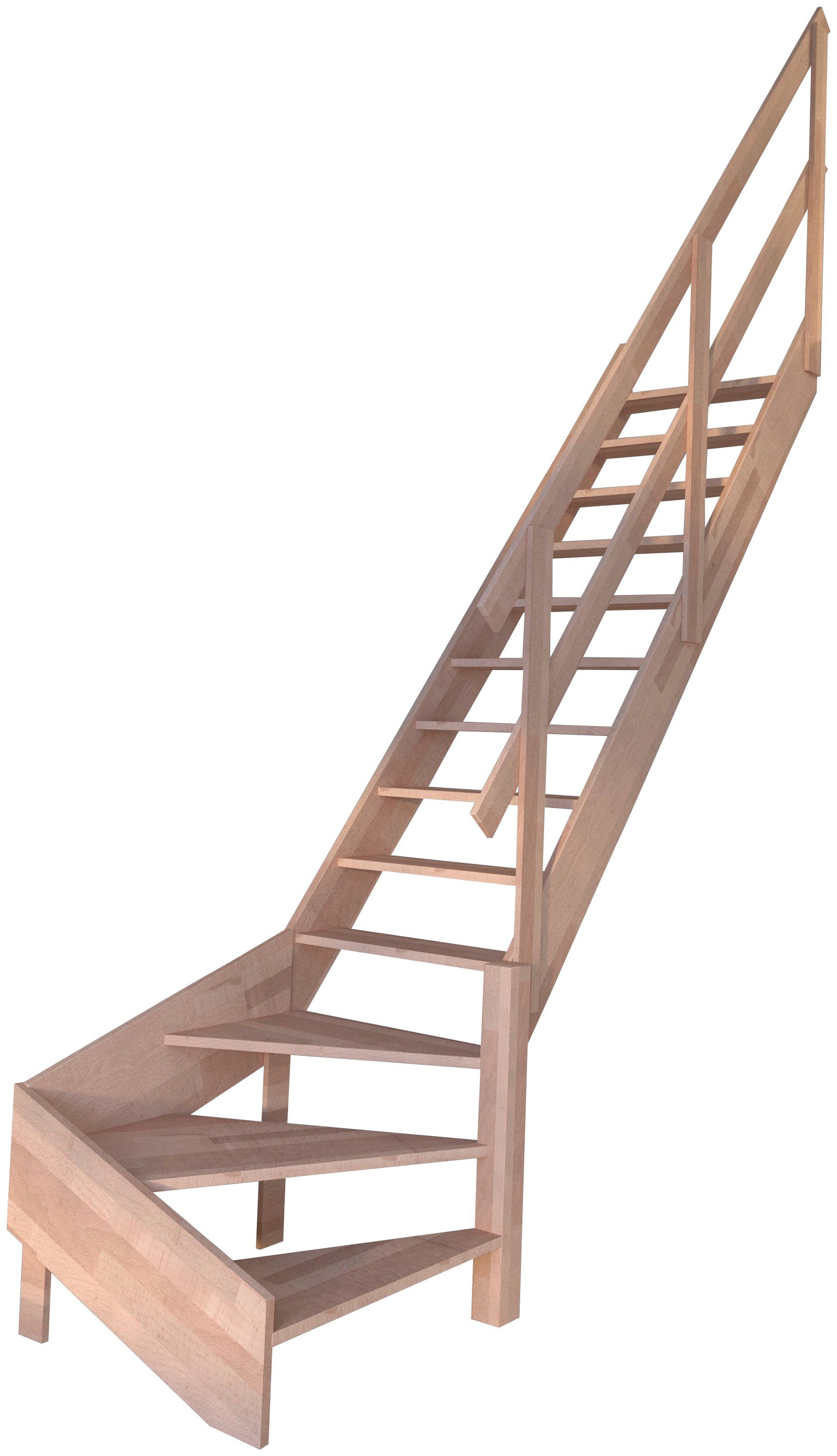 Starwood Raumspartreppe Massivholz Rhodos, mit Holzgeländer, für Geschosshöhen bis 300 cm, Stufen offen, gewendelt Rechts, Durchgehende Wangenteile