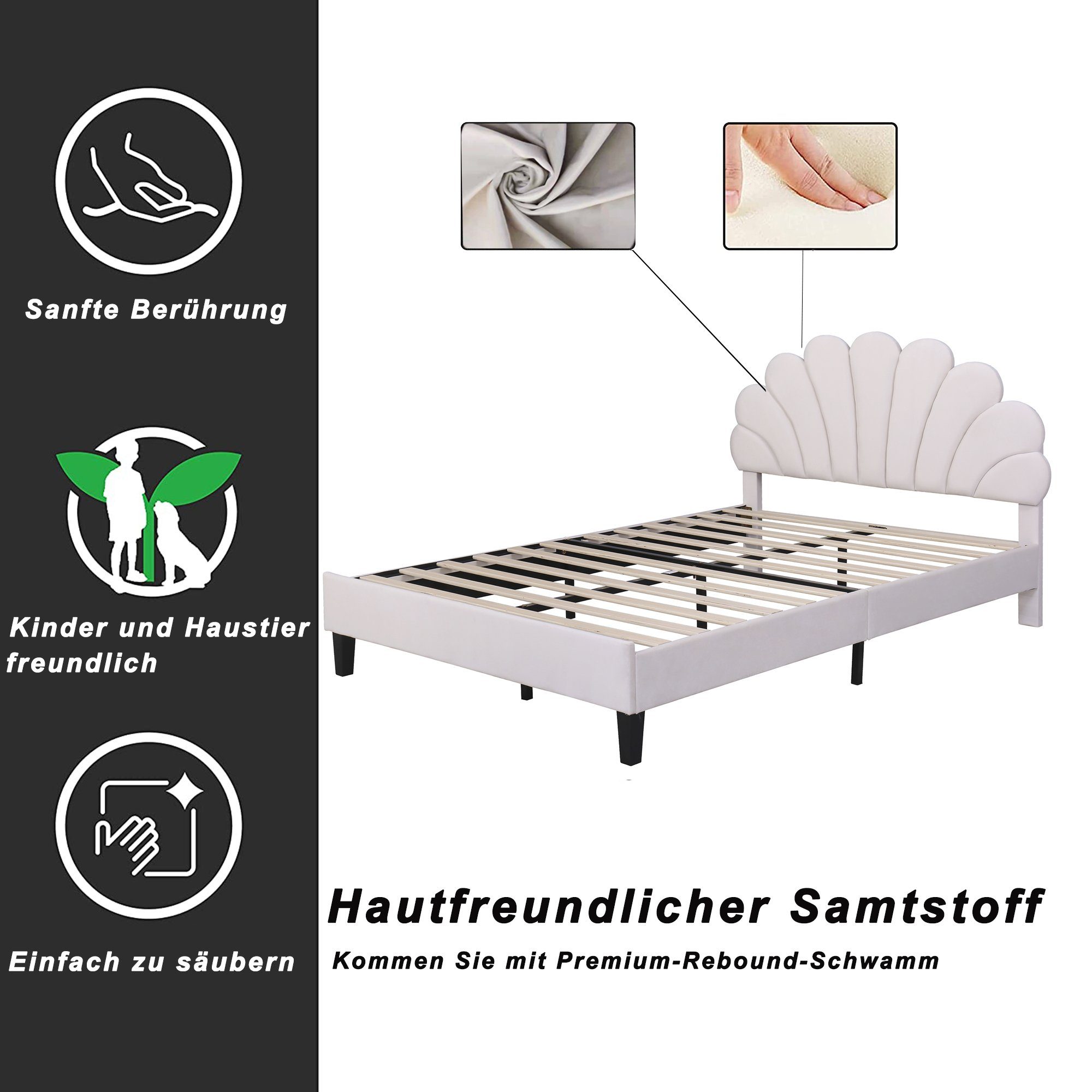 Merax Polsterbett 140x200cm mit Blumenform-Kopfteil und Lattenrost, Doppelbett mit höhenverstellbarem Kopfteil und Samtbezug, Jugendbett