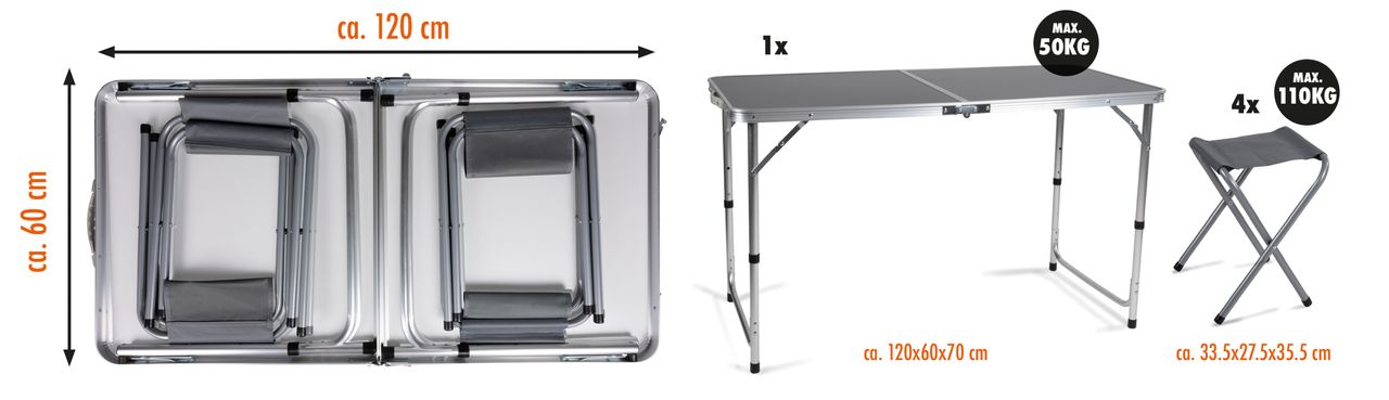 Solax Sunshine Klappmöbel-Set 5tlg.  faltbare Campingtisch mit 4 Hockern