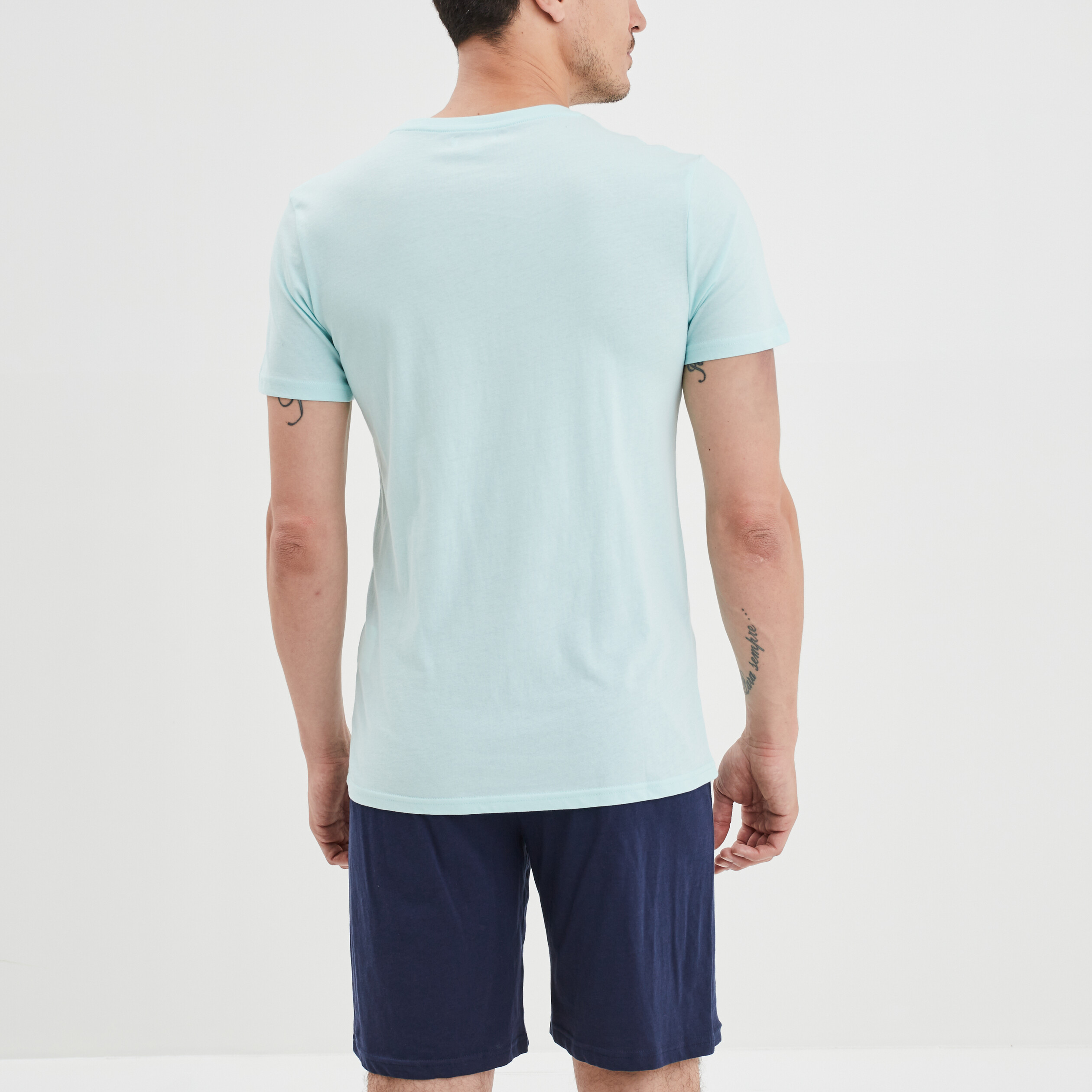 Ensemble pyjama short 2 pièces coton bleu turquoise homme | La Halle