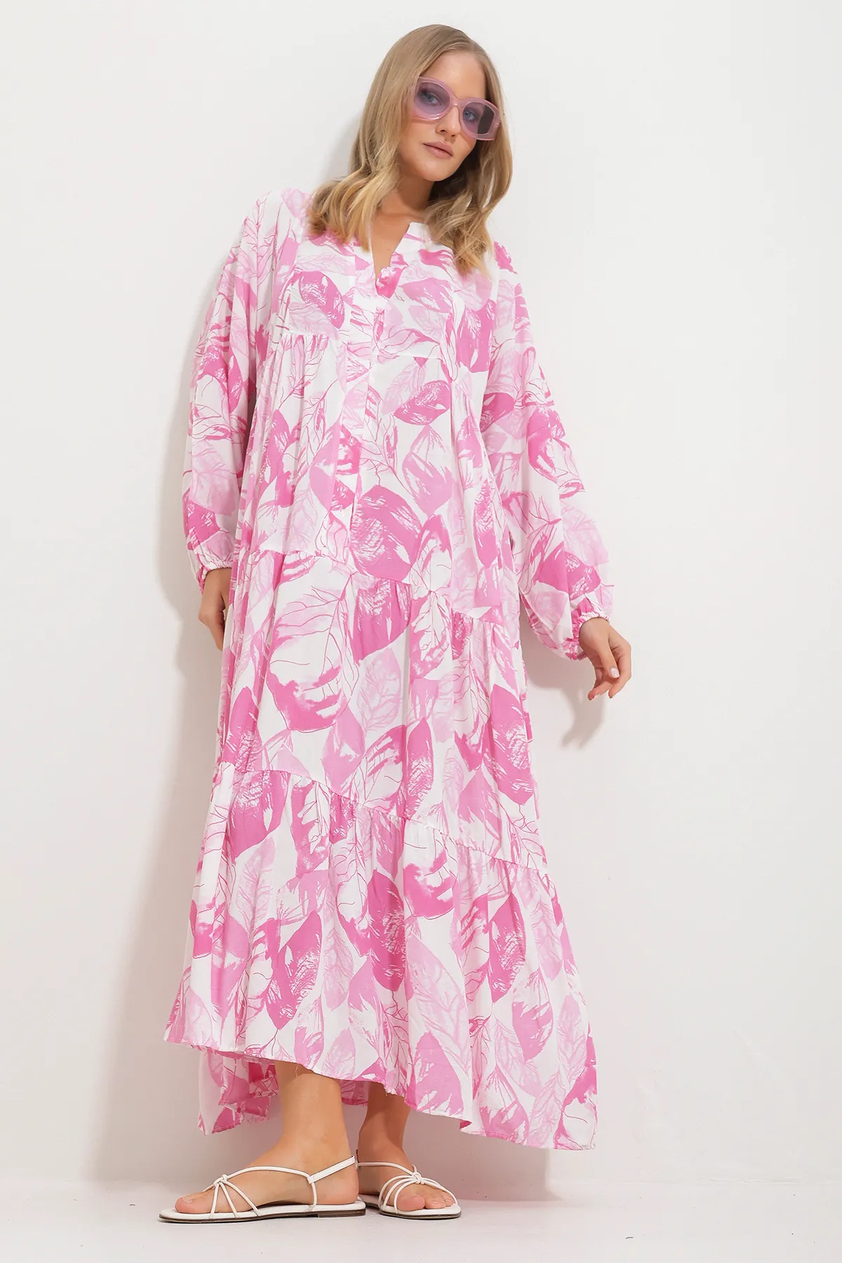 Trend Alaçatı Stili  Rosa Maxikleid mit Schalkragen und Muster für Damen Alc-X11593