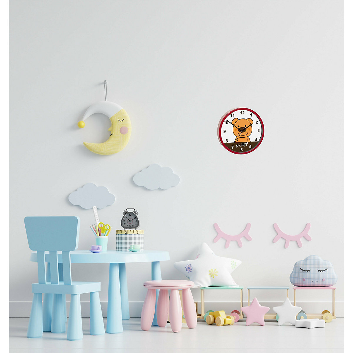 Kinder Wanduhr personalisiert mit Name Teddy Bär