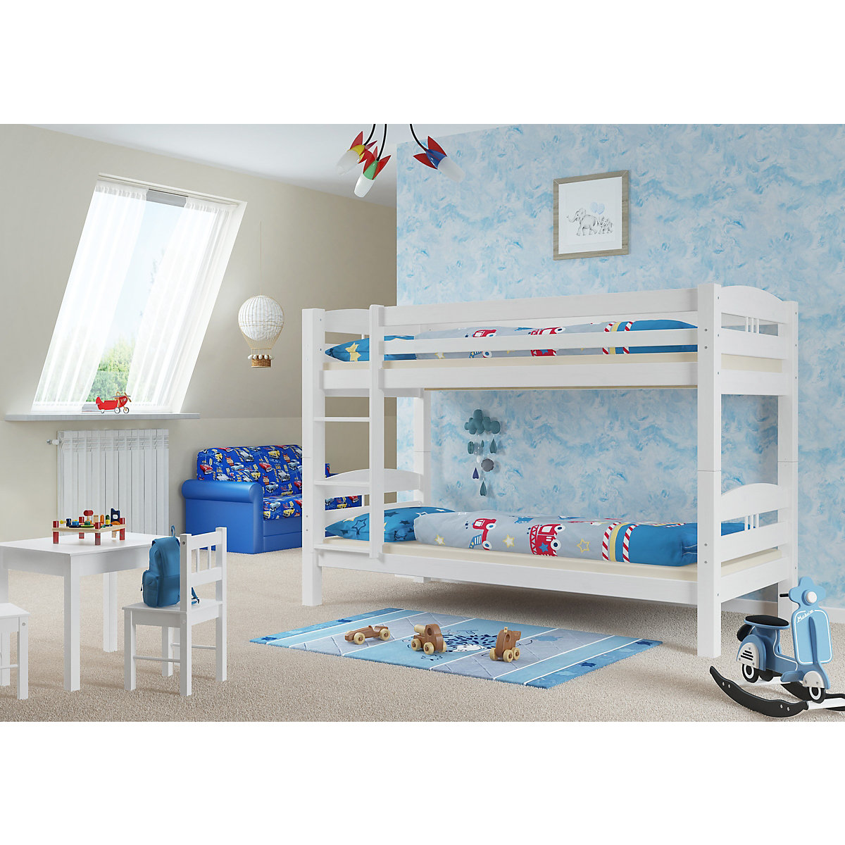 Etagenbett 90x200 Kiefer weiß mit Rollrosten
