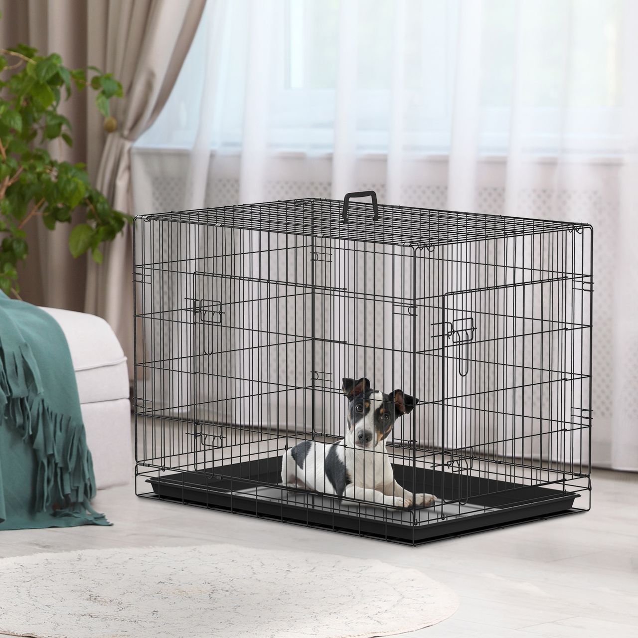 PawHut Hundekäfig Transportkäfig Drahtkäfig mit Gitter Schwarz 92 x 57 x 62,5 cm