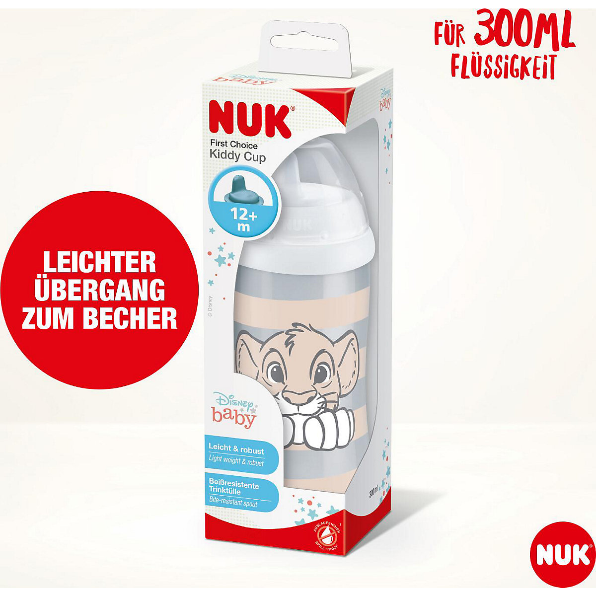 NUK   Lion King Kiddy Cup mit harter Trinktülle, 300ml, auslaufsicher, ab 12 Monaten, 1 Stück
