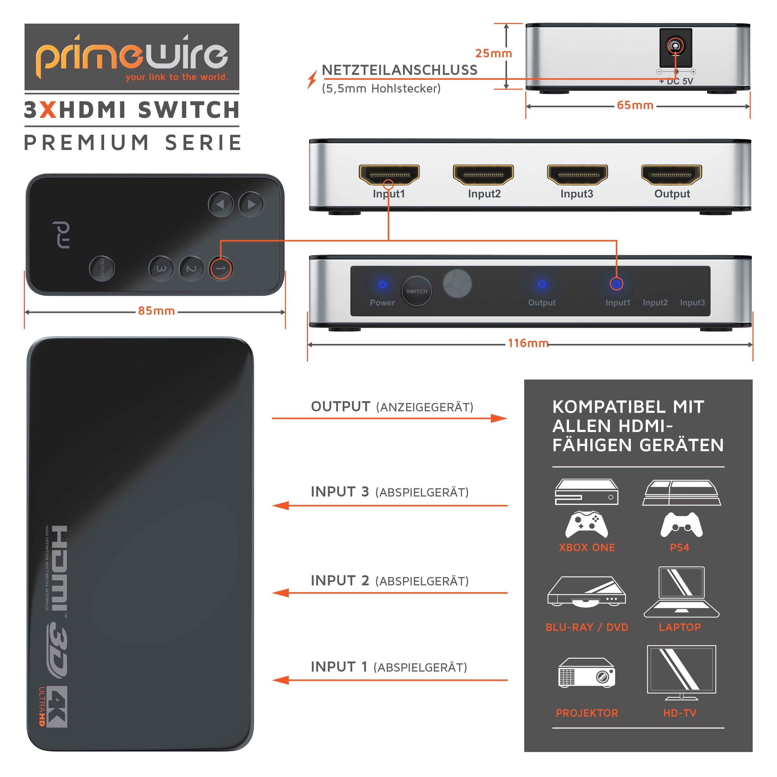 Primewire Audio / Video Matrix-Switch, 3-Port HDMI UHD Switch, Verteiler 4k 60Hz Umschalter mit Fernbedienung