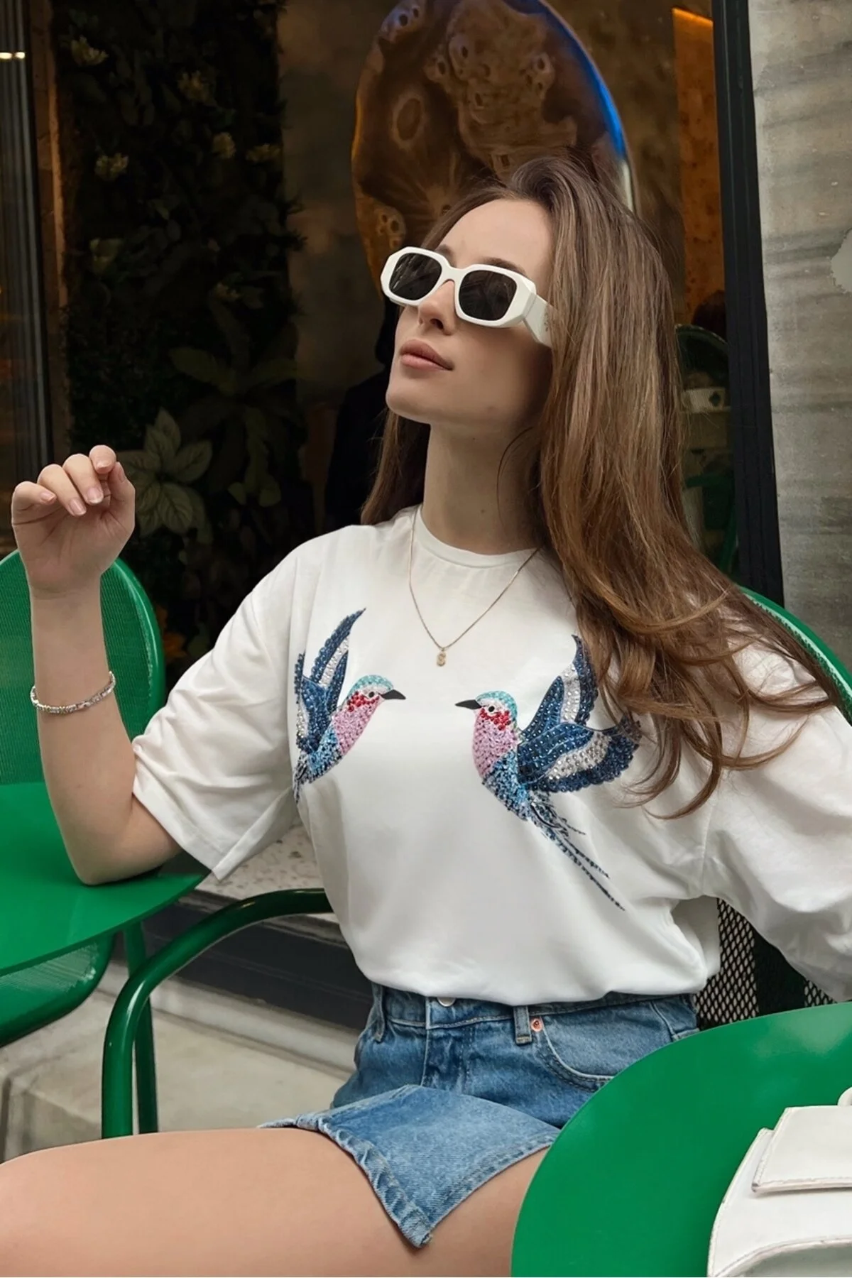 Bianco Lucci  Damen-T-Shirt aus gekämmter Baumwolle mit Vogelmuster