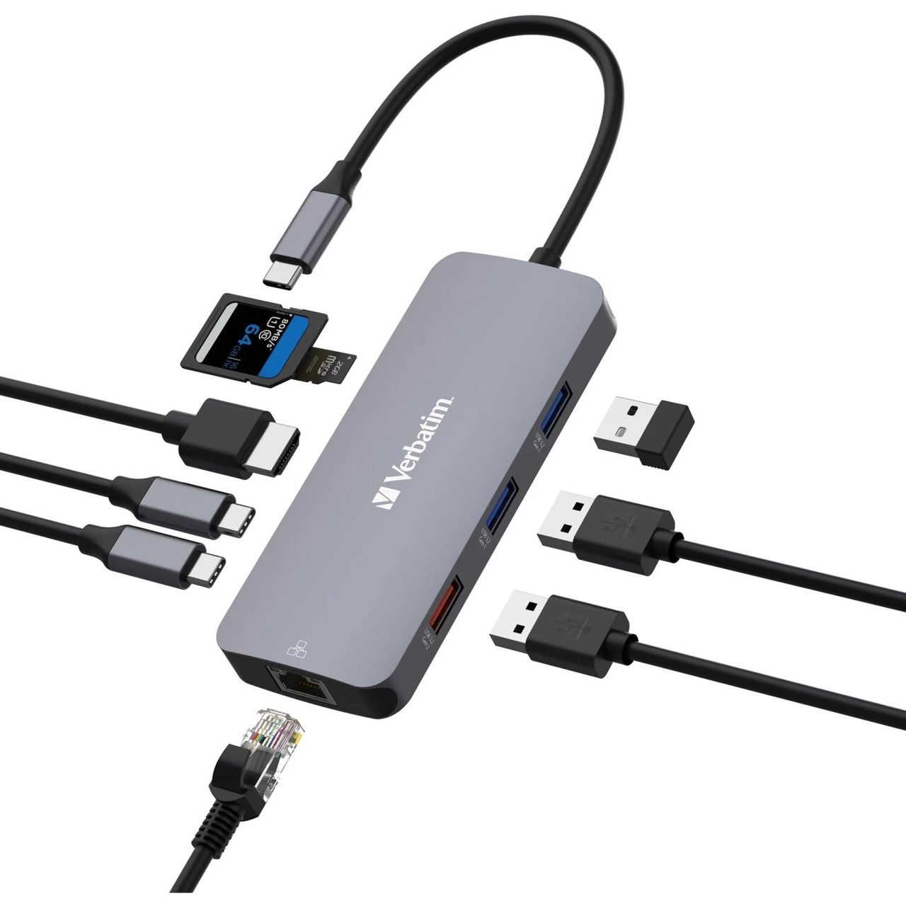 Verbatim Multiport-Hub CMH-09, 3x USB 3.2-A, 2x USB 3.2-C, HDMI 4K, RJ45, SD, microSD, USB 3.1-C Kabel