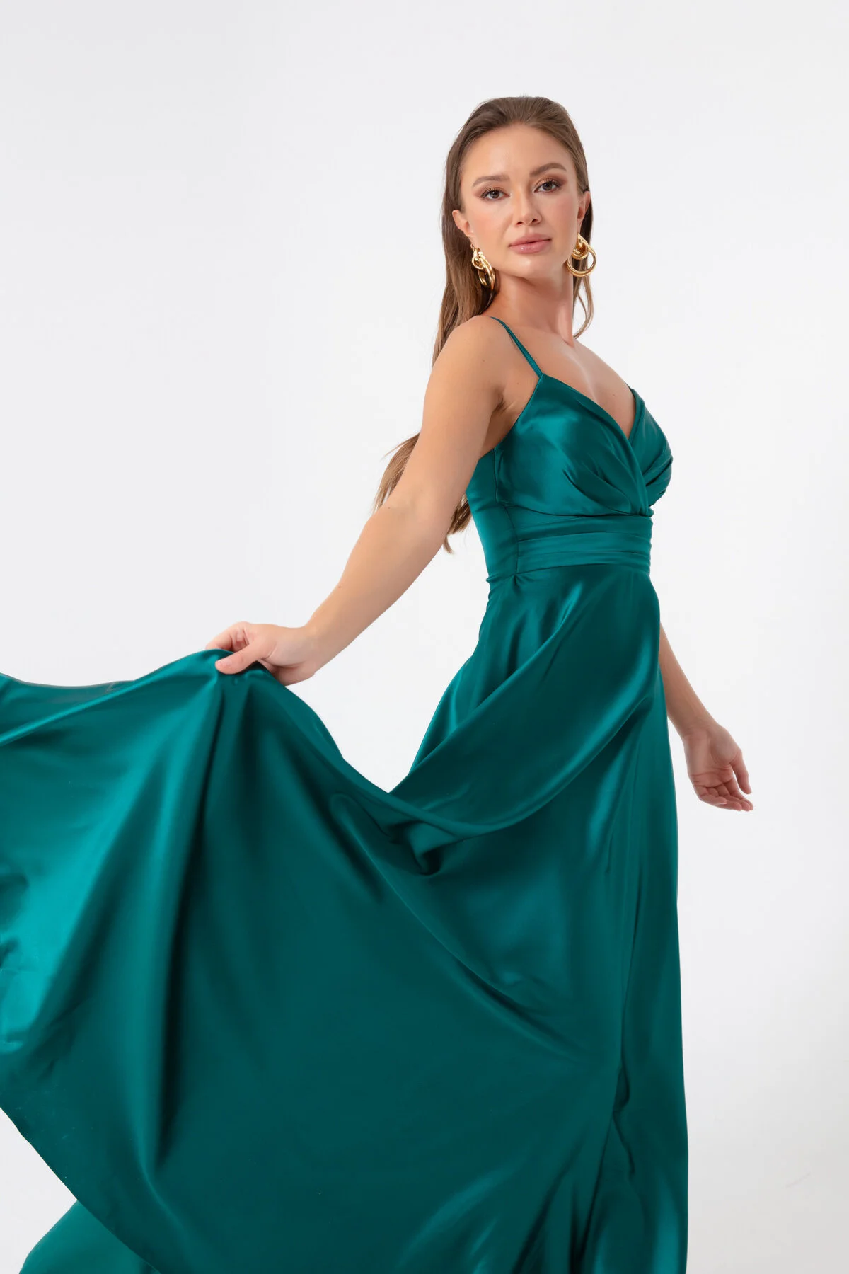 Lafaba  Smaragdgrünes langes Abendkleid und Abschlusskleid aus Satin mit Seilriemen und Taillengürtel für Damen