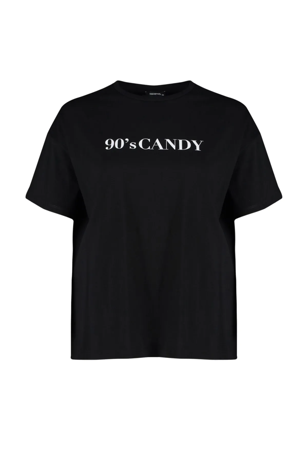 Trendyol Curve  Schwarzes, weit geschnittenes, bedrucktes Strick-T-Shirt mit Rundhalsausschnitt TBBSS23BF00015