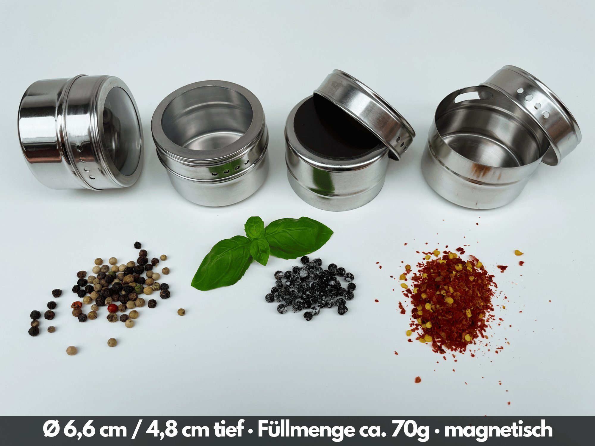 wood4hood Gewürzbehälter MAGNET, Edelstahl, (Spar-Set, 12-tlg., Ideal zur Gewürzaufbewahrung), magnetische Gewürzdosen mit Streuer und Sichtfenster