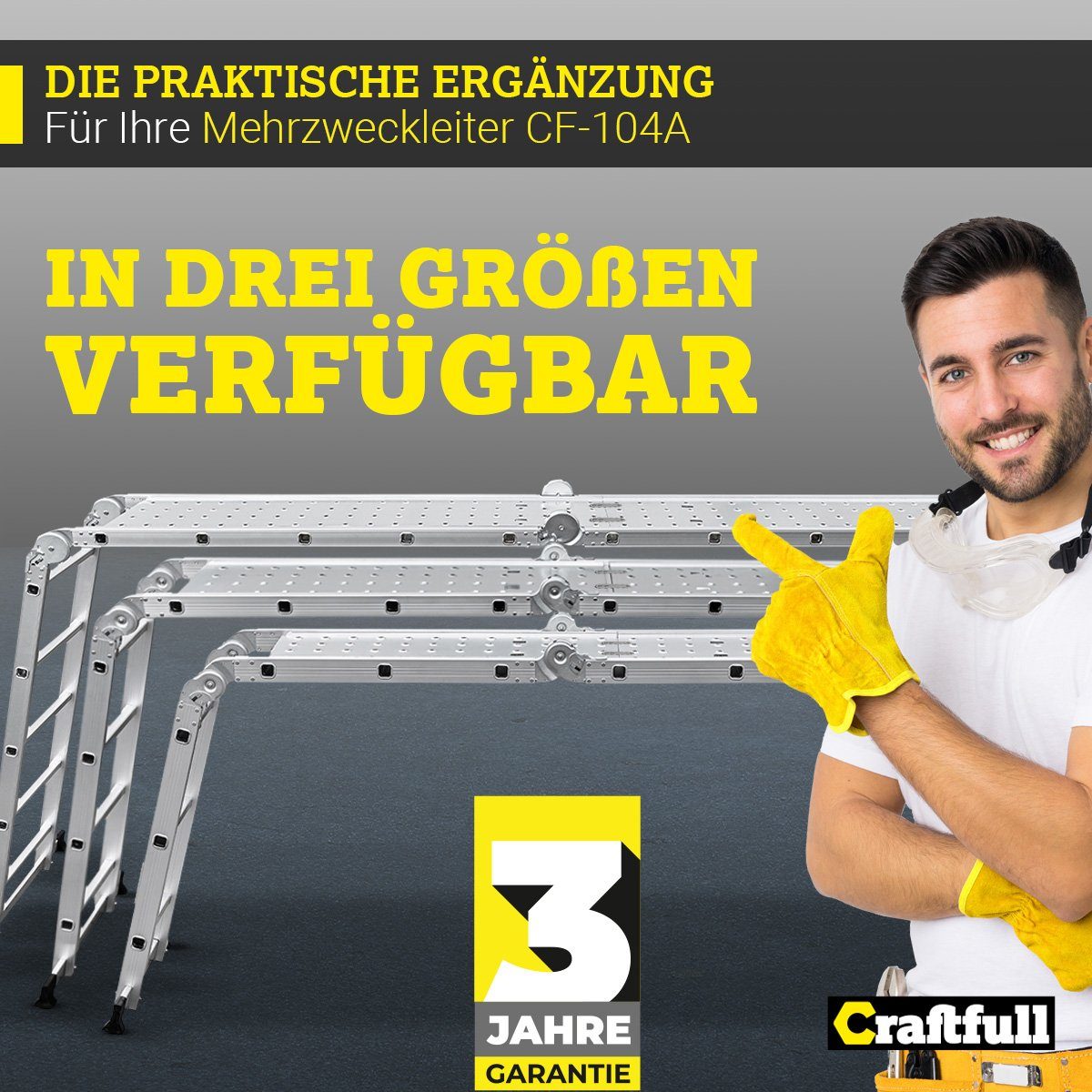 Craftfull Arbeitsplattform Alu-Plattform (einzeln) FÜR Mehrzweckleiter CF-104A - 3 J. Garantie, (4x3 - 4x4 - 4x5 Sprossen - 150 kg Traglast, 2-St., Plug & Play-Funktion, Anti-Rutsch-Standfläche, Aluminium), Arbeitsbühne für Stehleiter Klappleiter Gel