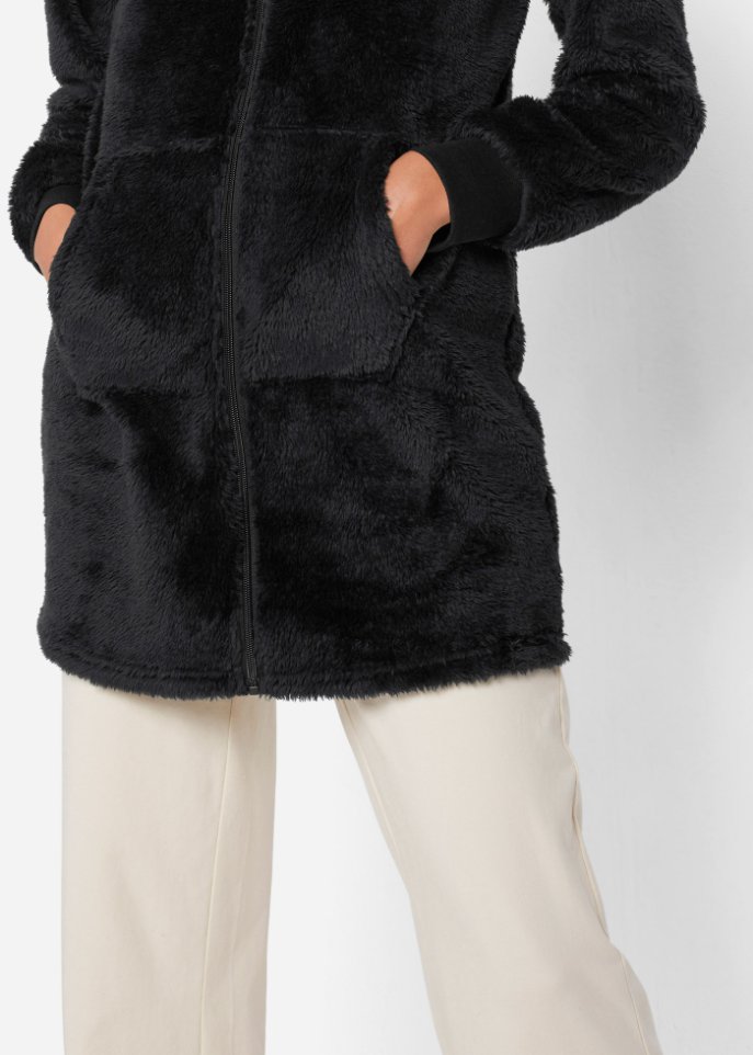 Kuschel-Long-Fleecejacke mit Kapuze