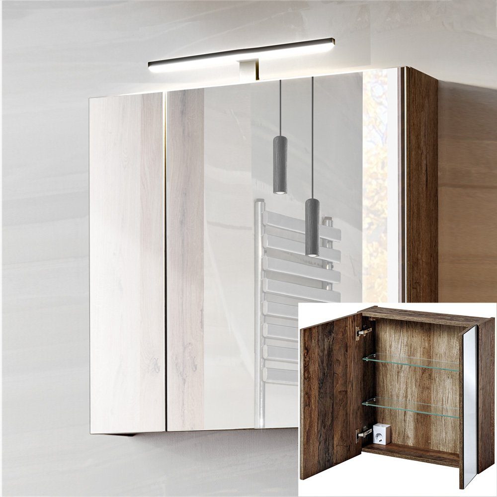 Lomadox Spiegelschrank PUEBLA-56 60cm mit LED-Beluchtung in Vintage Oak Nb. B/H/T ca. 60/75/17 cm