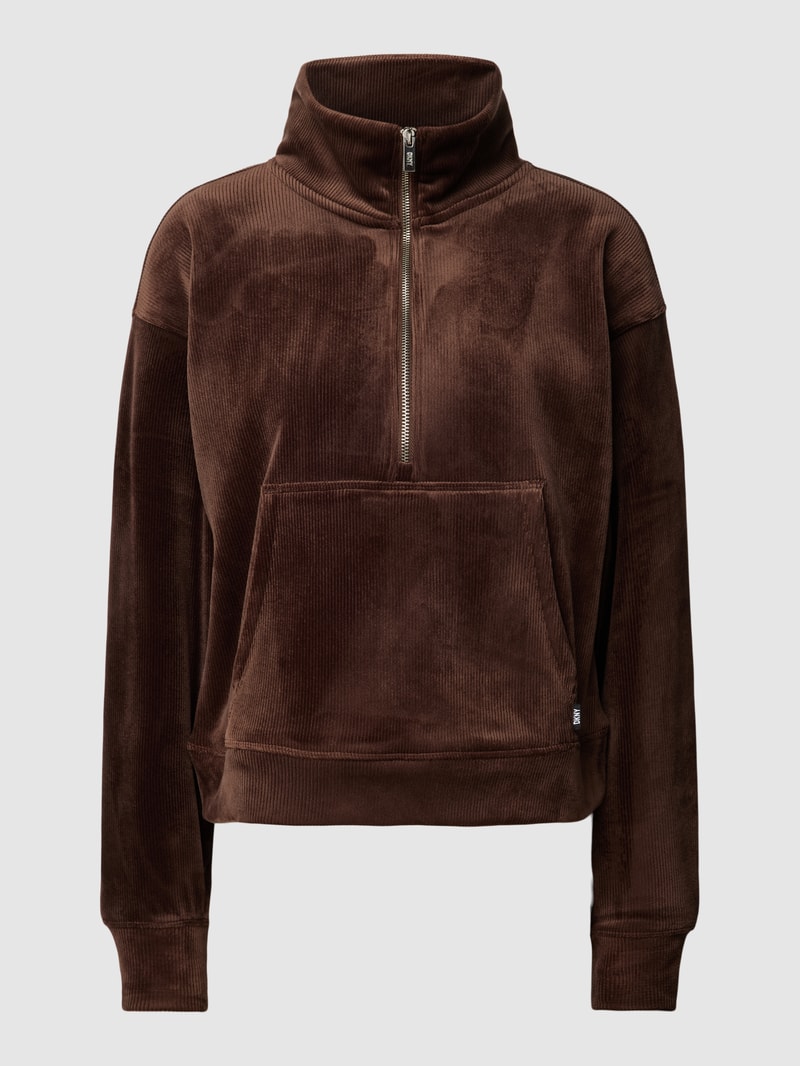 Sweatshirt mit kurzem Reißverschluss Modell 'TECH VELOUR' in schokobraun