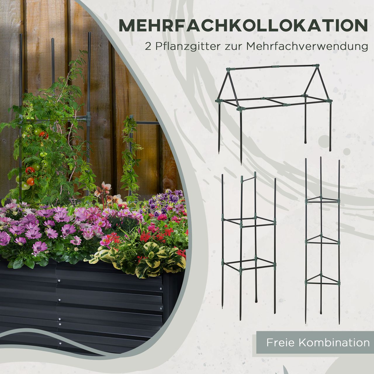 Outsunny 3-teiliges Set Pflanzkasten mit Stützgitter Gartenbeet für Garten Stahl Grau