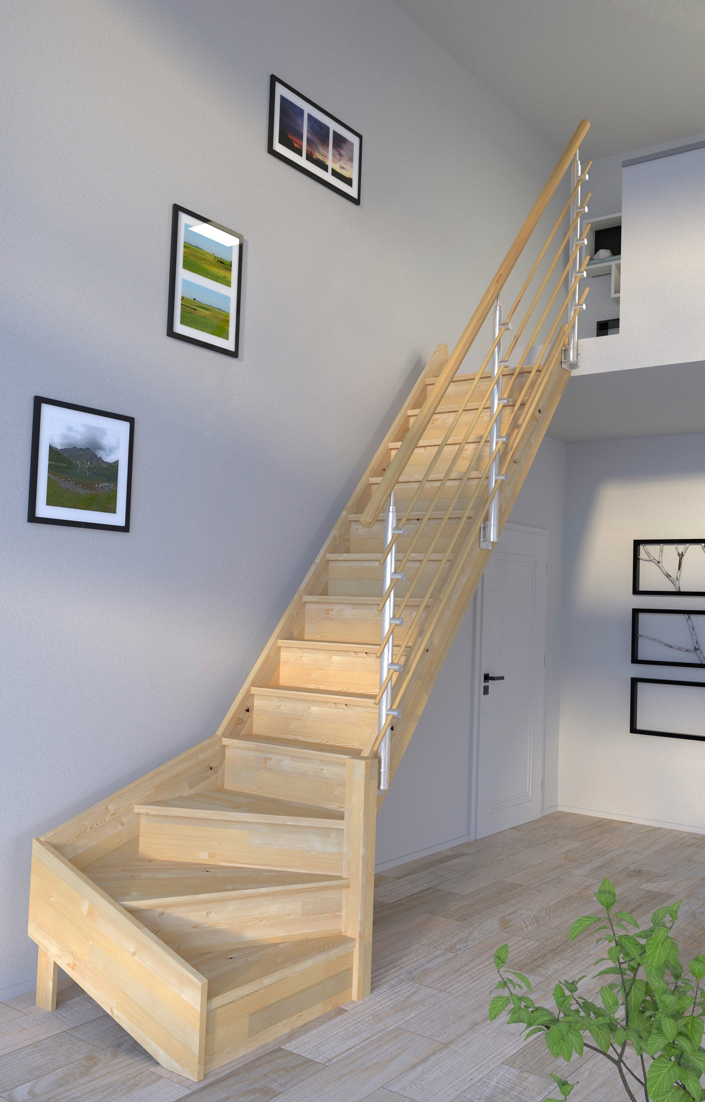 Starwood Raumspartreppe Massivholz Korfu, Design-Geländer Holzrundstäbe, für Geschosshöhen bis 300 cm, Stufen geschlossen, gewendelt Rechts, Durchgehende Wangenteile