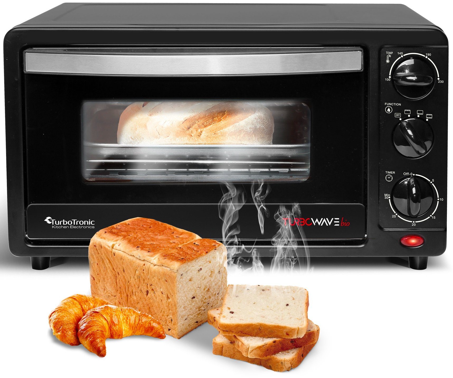 TurboTronic by Z-Line Minibackofen 14 Liter Schwarz, inkl. 1x Grillrost & 1x Backblech 1200W Camping, Pizzaofen 100-230°C Tischbackofen, Kleiner Ofen