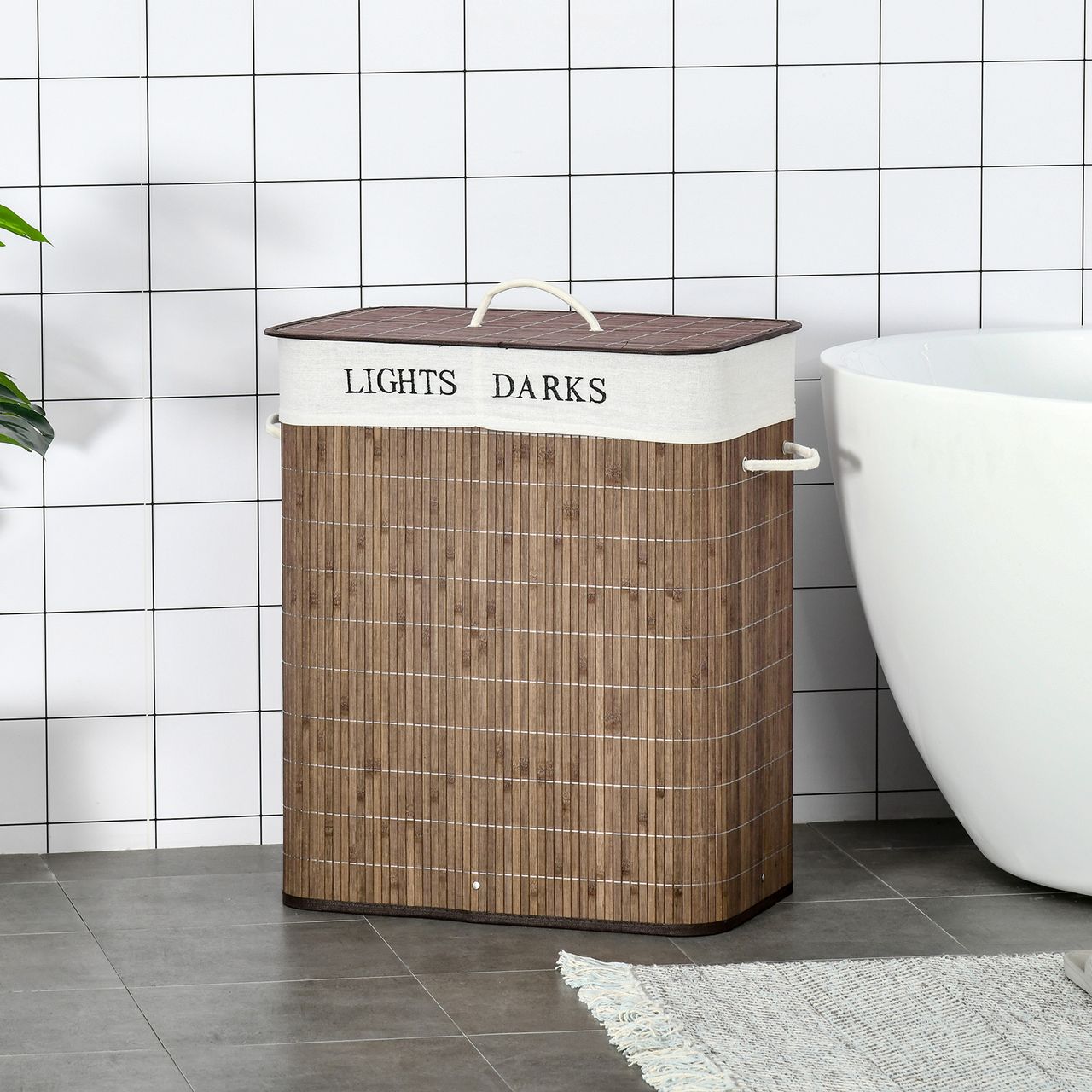 HOMCOM Wäschebox Wäschekorb abnehmbar mit 3 Griffe Polyester Metall Braun Weiß