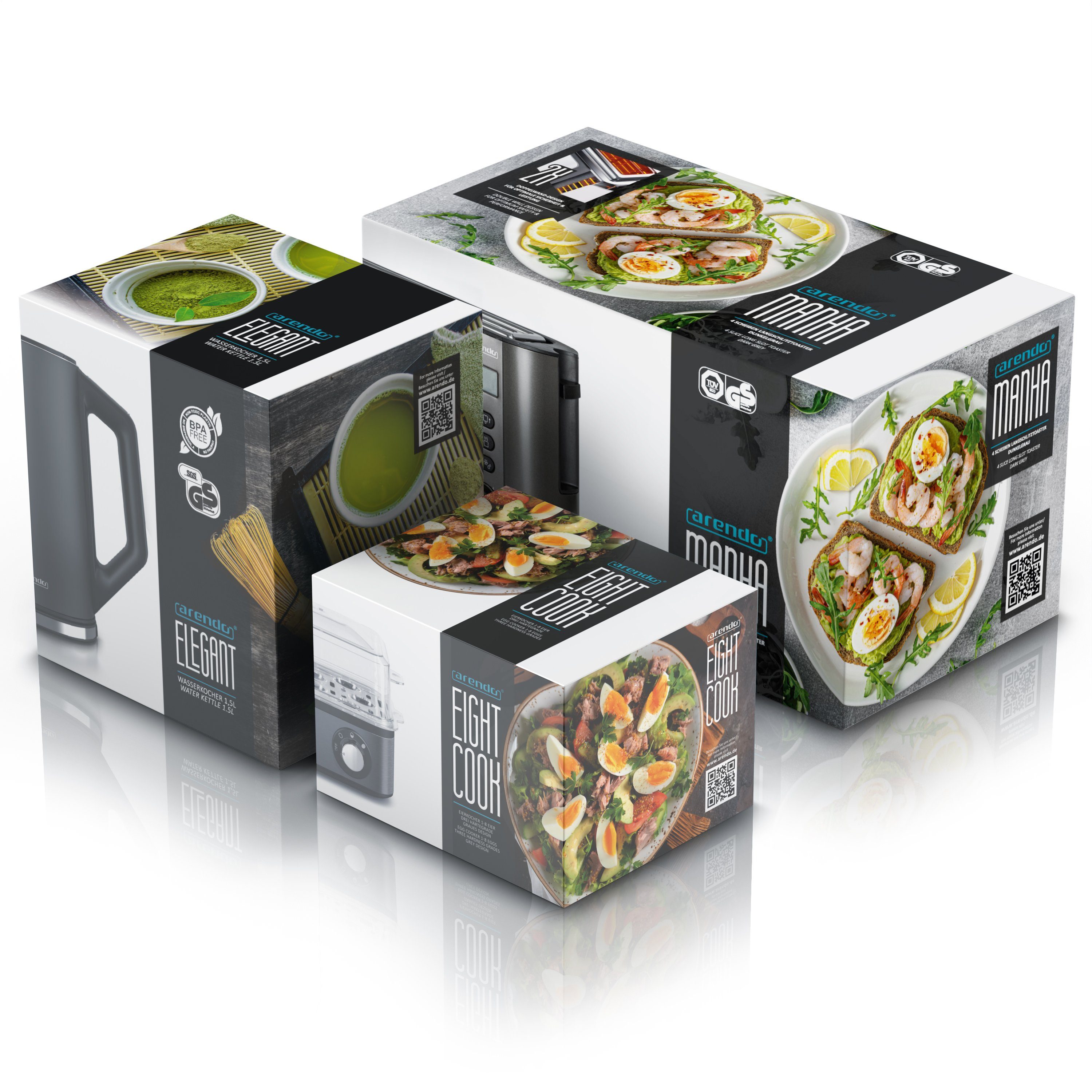 Arendo Frühstücks-Set (3-tlg), Wasserkocher 1,5l, 4-Scheiben Toaster, 8er Eierkocher, Grau