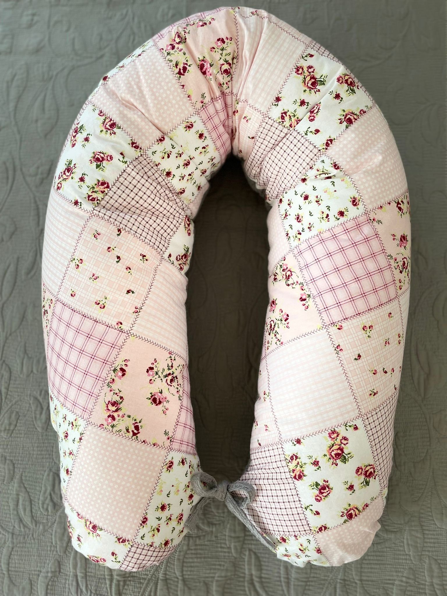 Loolay Stillkissen Attmungsaktive WAFFELPIQUE + GLATT Baumwolle XXL Stillkissen 170 cm, 1A Qualitat Europäische Stoffe unf Kleinserien-Nähen, LOOLAY® Stillkissen + Bezug, WEICH Schwangerschaftskissen Seitenschläferkissen ROSA, GRAU