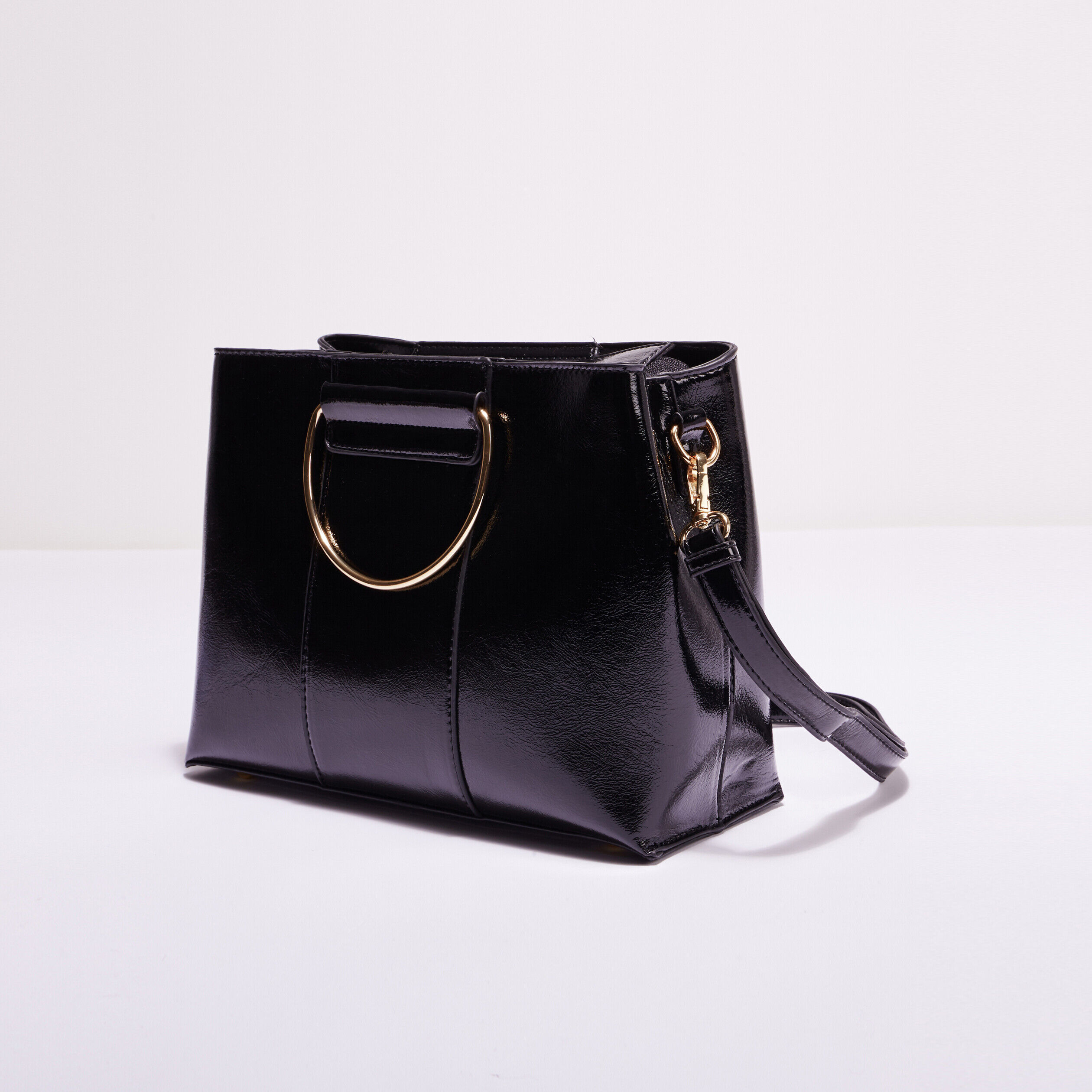 Sac carré vernis anses anneaux noir femme | Cache Cache