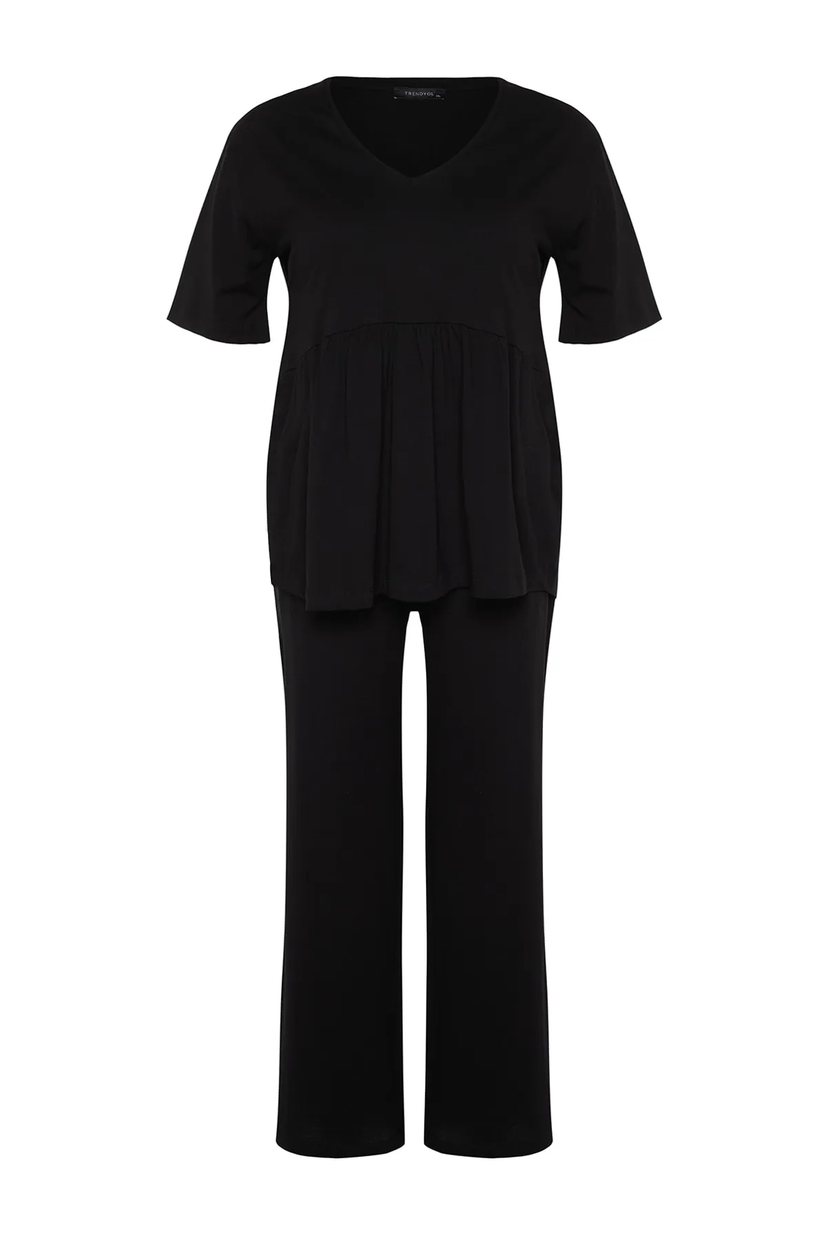 Trendyol Curve  Schwarzes gestricktes Pyjama-Set mit V-Ausschnitt TBBSS22PT0566