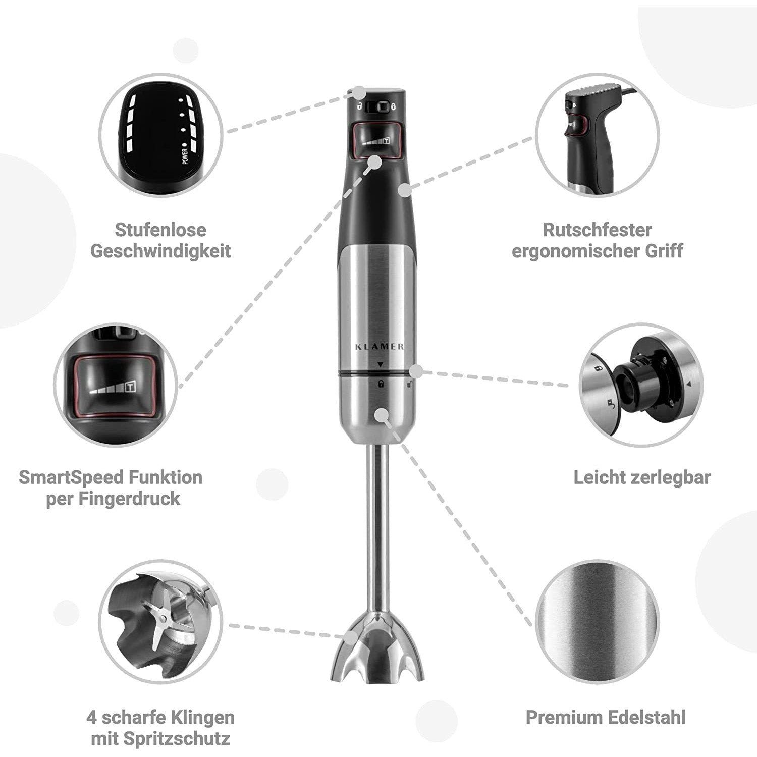 KLAMER Stabmixer KLAMER Stabmixer Set 1000 Watt, 4 in 1 Pürierstab Edelstahl mit Smart…
