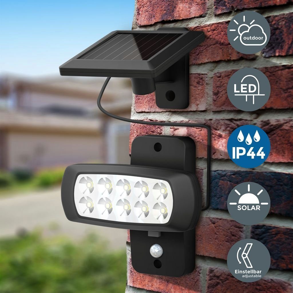 B.K.Licht Gartenstrahler LED Außen-Wandstrahler 15x14cm Solar-Panel IP44 0,6W schwarz - BKL1213, LED fest integriert, Kaltweiß, 6500K Solarlampe Außenleuchte Bewegungsmelder Dämmerungssensor Fassade