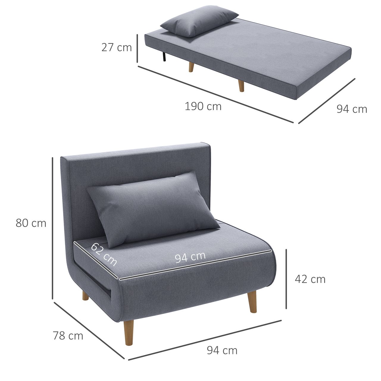 HOMCOM Einzelsofa Schlafsofa Sofabett Klappsofa verstellbar Rückenlehne Liege nordisch skandinavisch 25D Schaumstoff Haus Leinenimitat Tannenholz Grau
