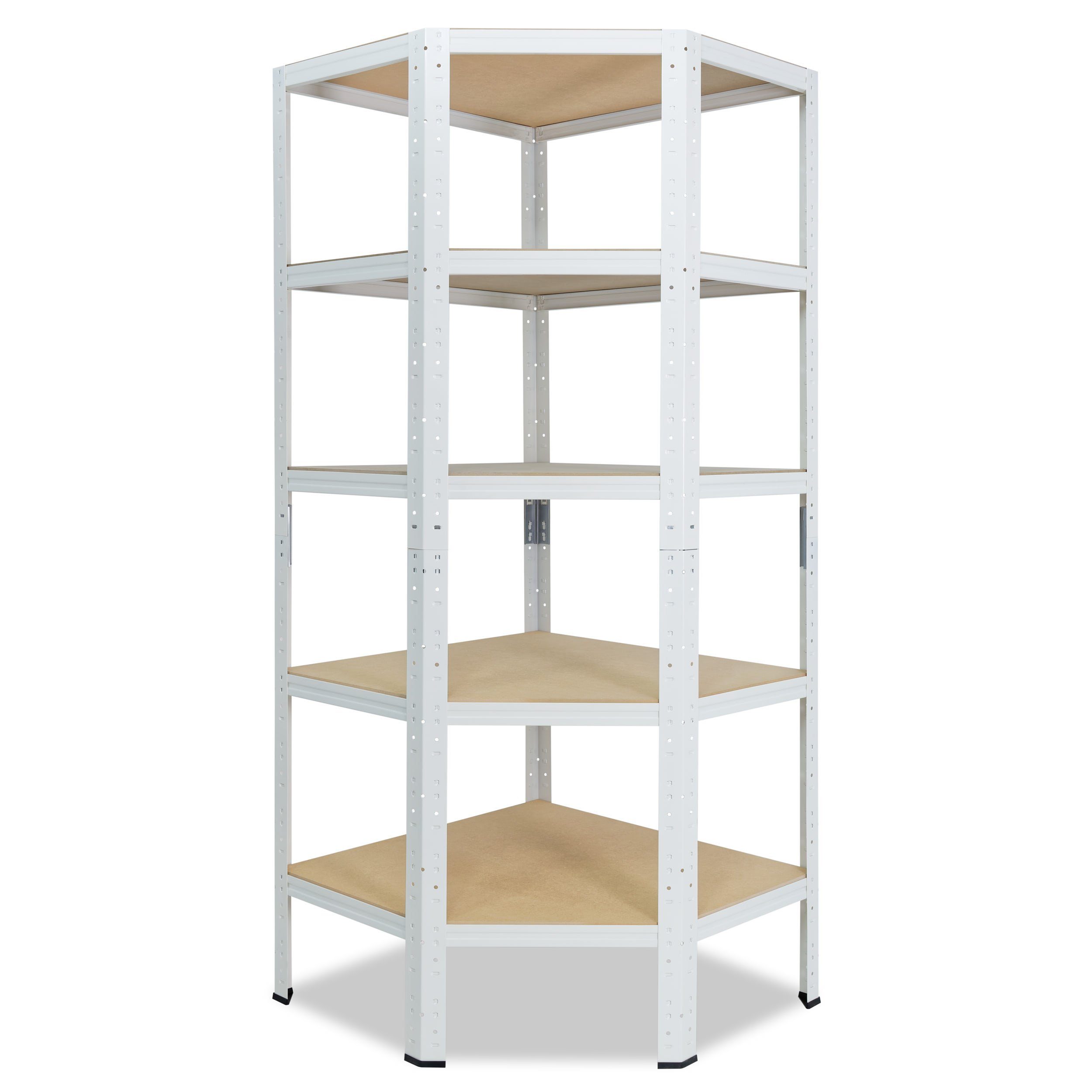 shelfplaza Eckregal HOME, 180x70x45cm weiß, Metall Eckregal stehend mit 5 Böden, Corner Shelf 175kg Tragkraft Schwerlastregal Ecke, Steckregal verzinkt Eckregal Keller Garagen Regal
