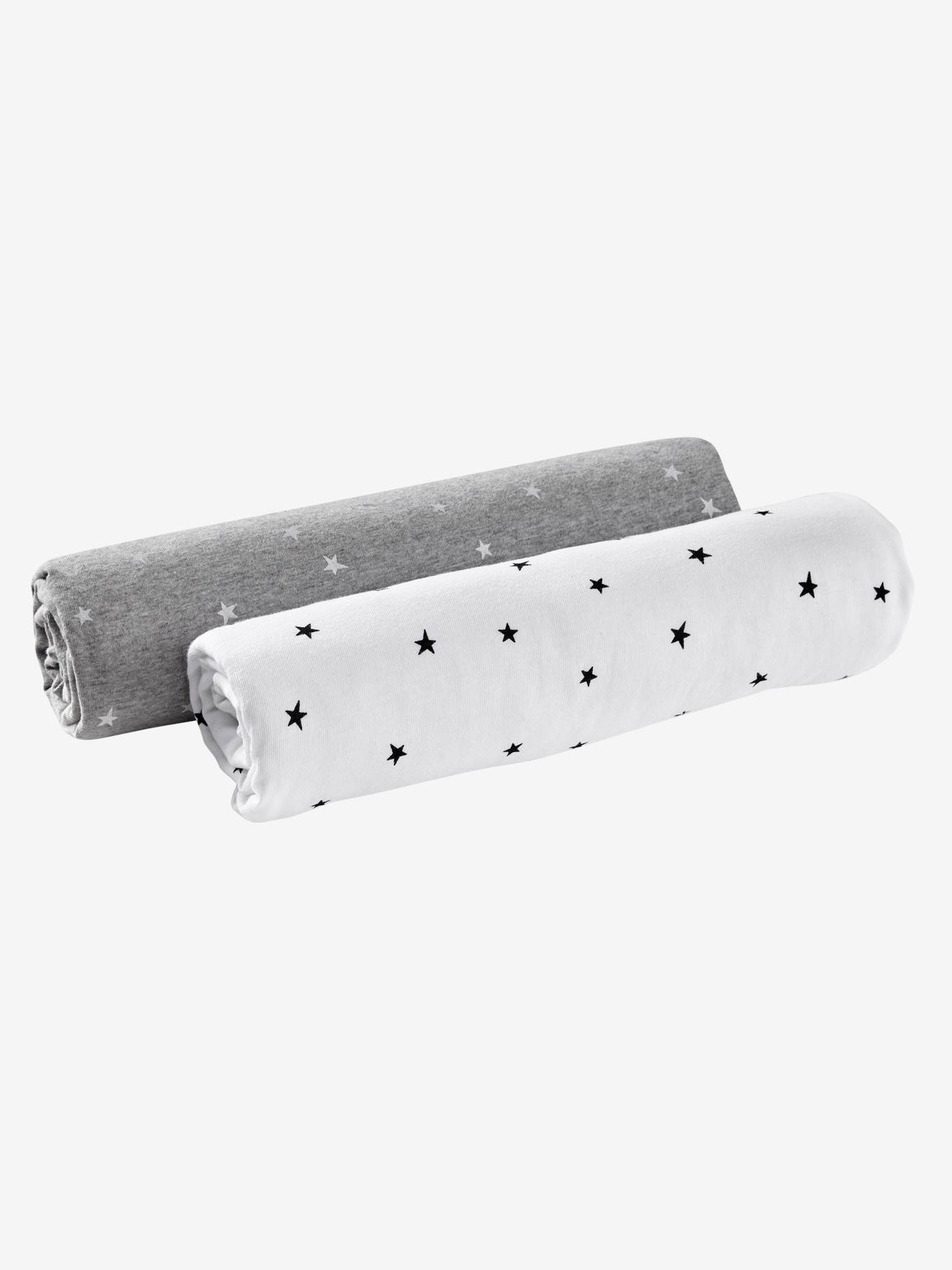 Vertbaudet 2er-Pack Baby Spannbettlaken, Sterne Oeko Tex - grau meliert/weiß