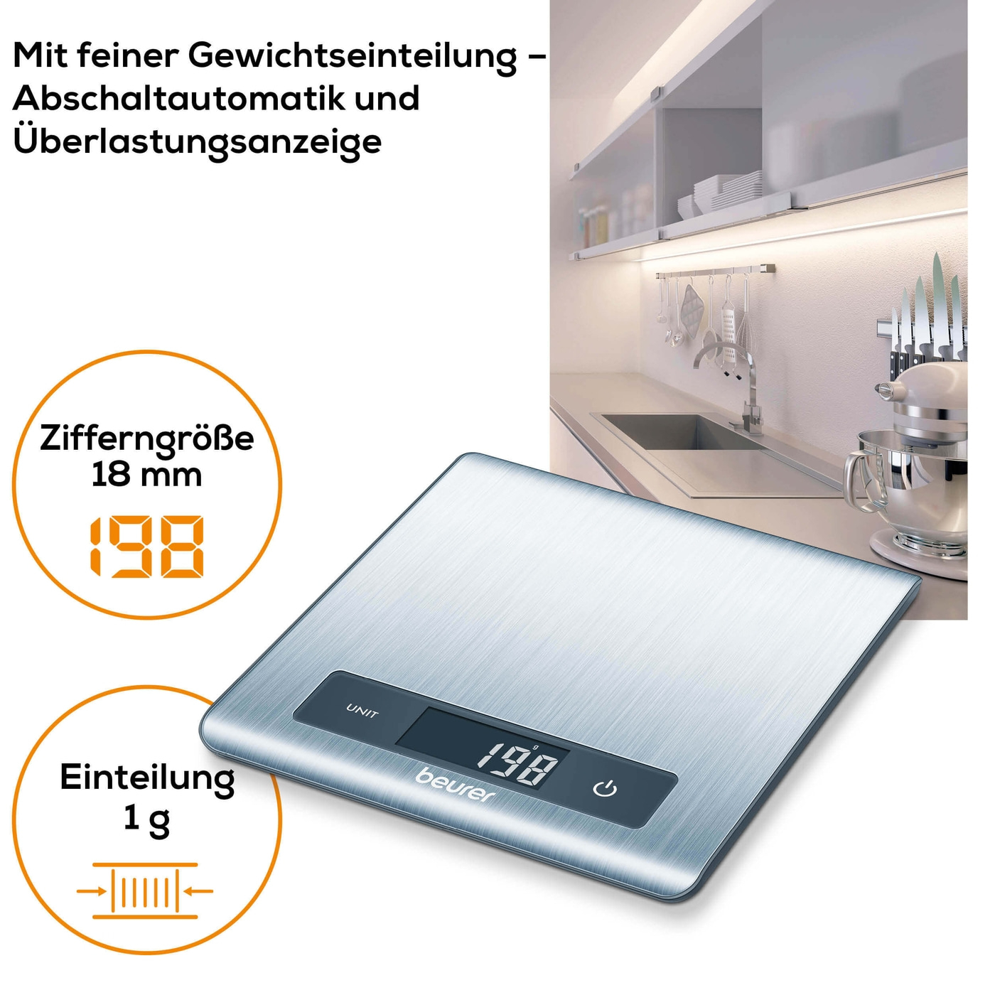 Beurer Küchenwaage KS 51-Ultra flache Küchenwaage mit Wiegefläche aus gebürstetem Edelstahl