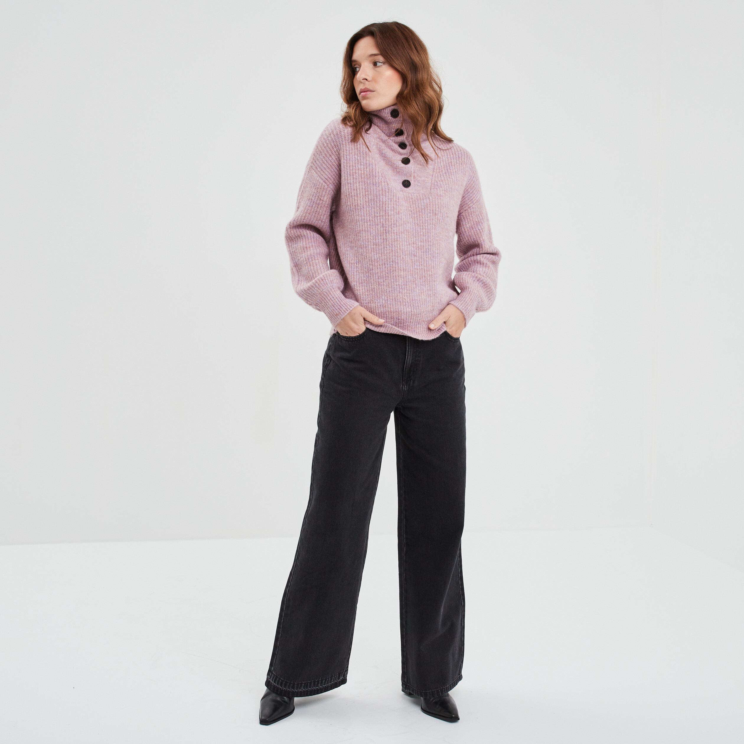 Pull col camionneur boutonné rose clair femme | La Halle