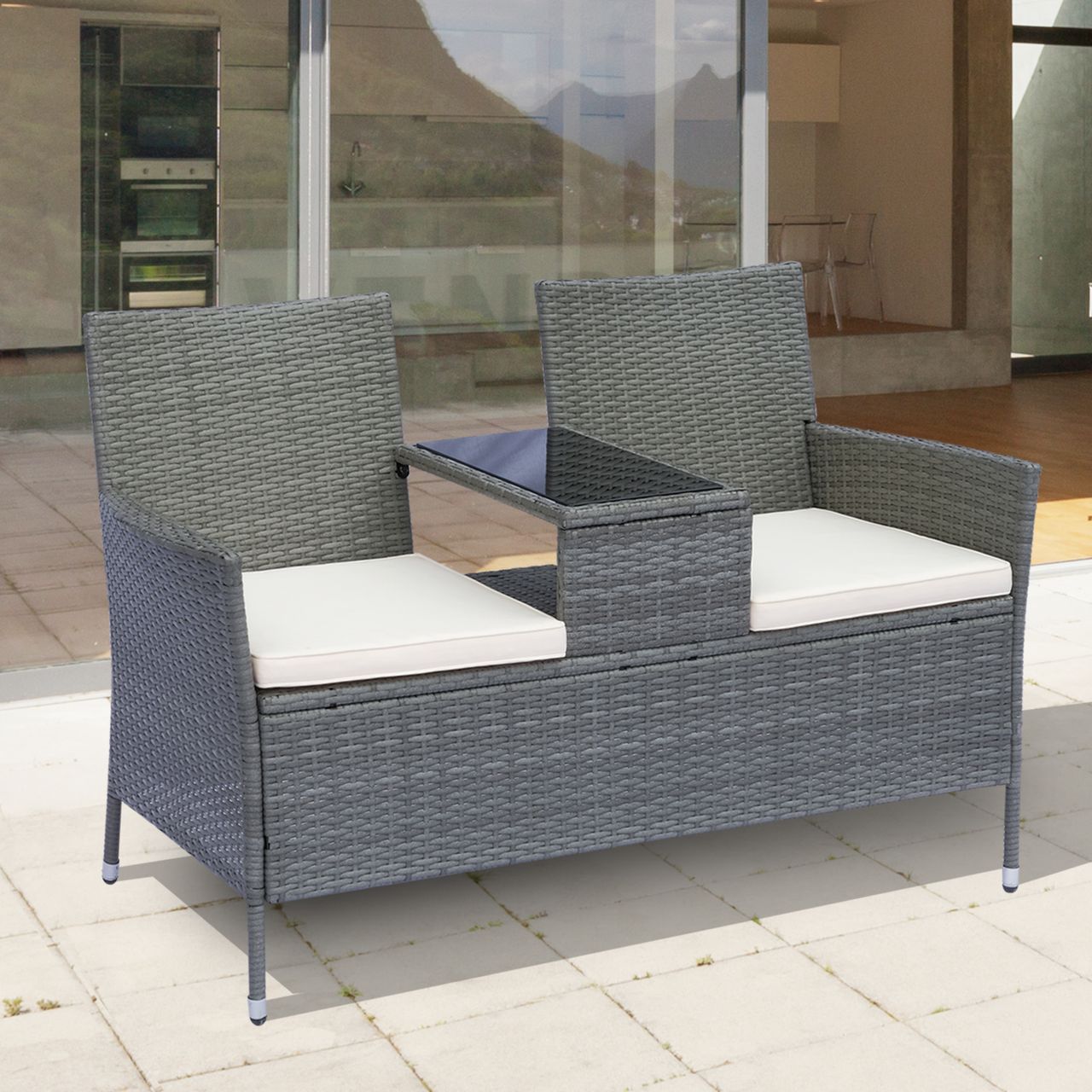 Outsunny Polyrattan Gartenbank Gartensofa Sitzbank mit Tisch 2-Sitzer Stahl Grau