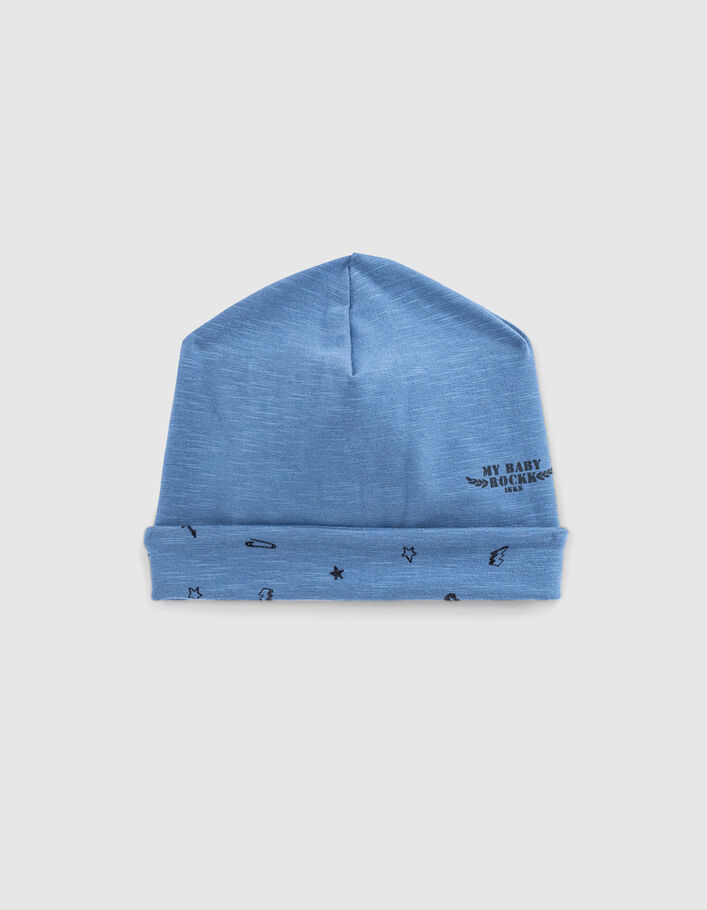 Bonnet réversible bleu et imprimé rock coton bio bébé