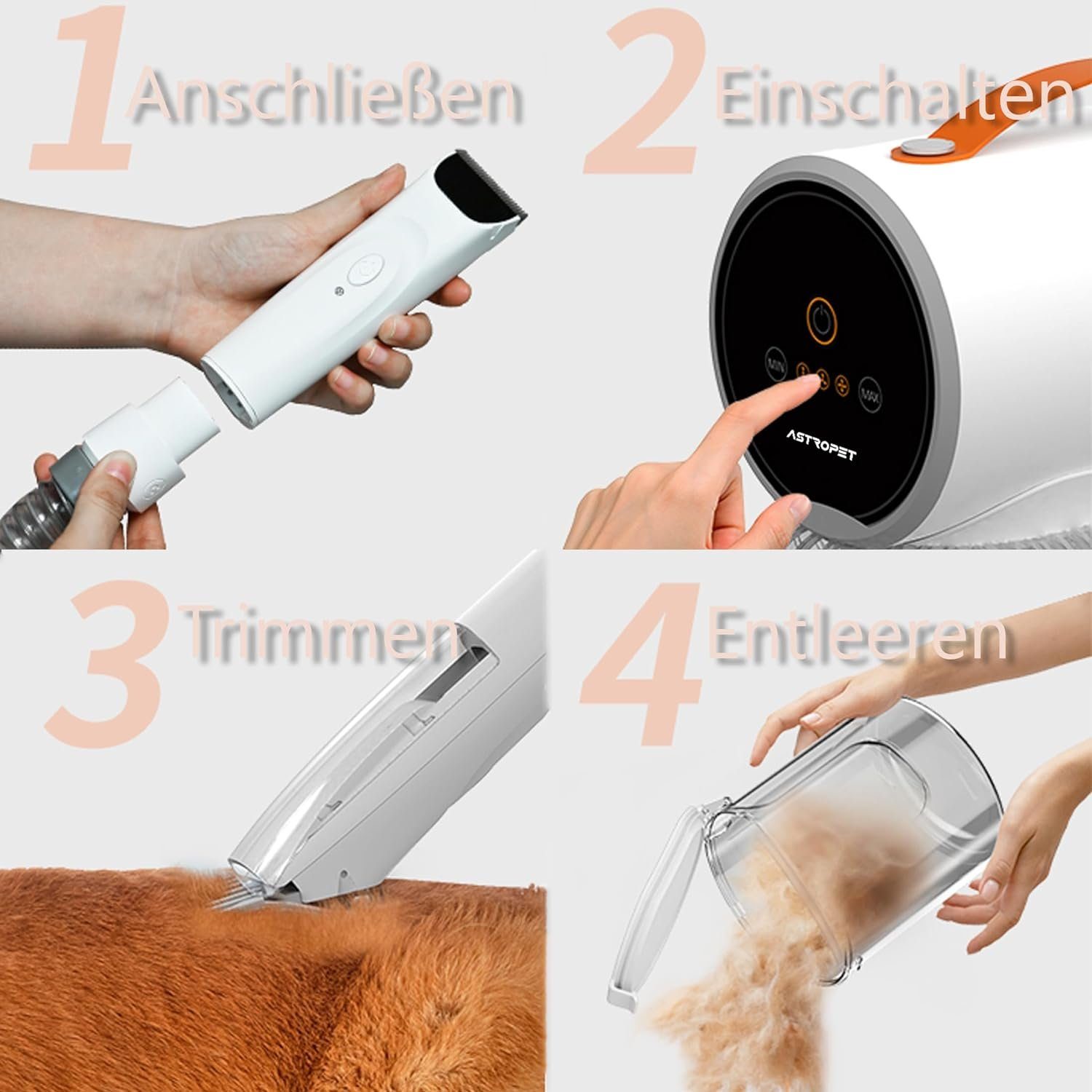 AstroPet Hundeschermaschine mit Staubsauger, 5 in 1 Profi Schermaschine, Saugt 99% der Tierhaare