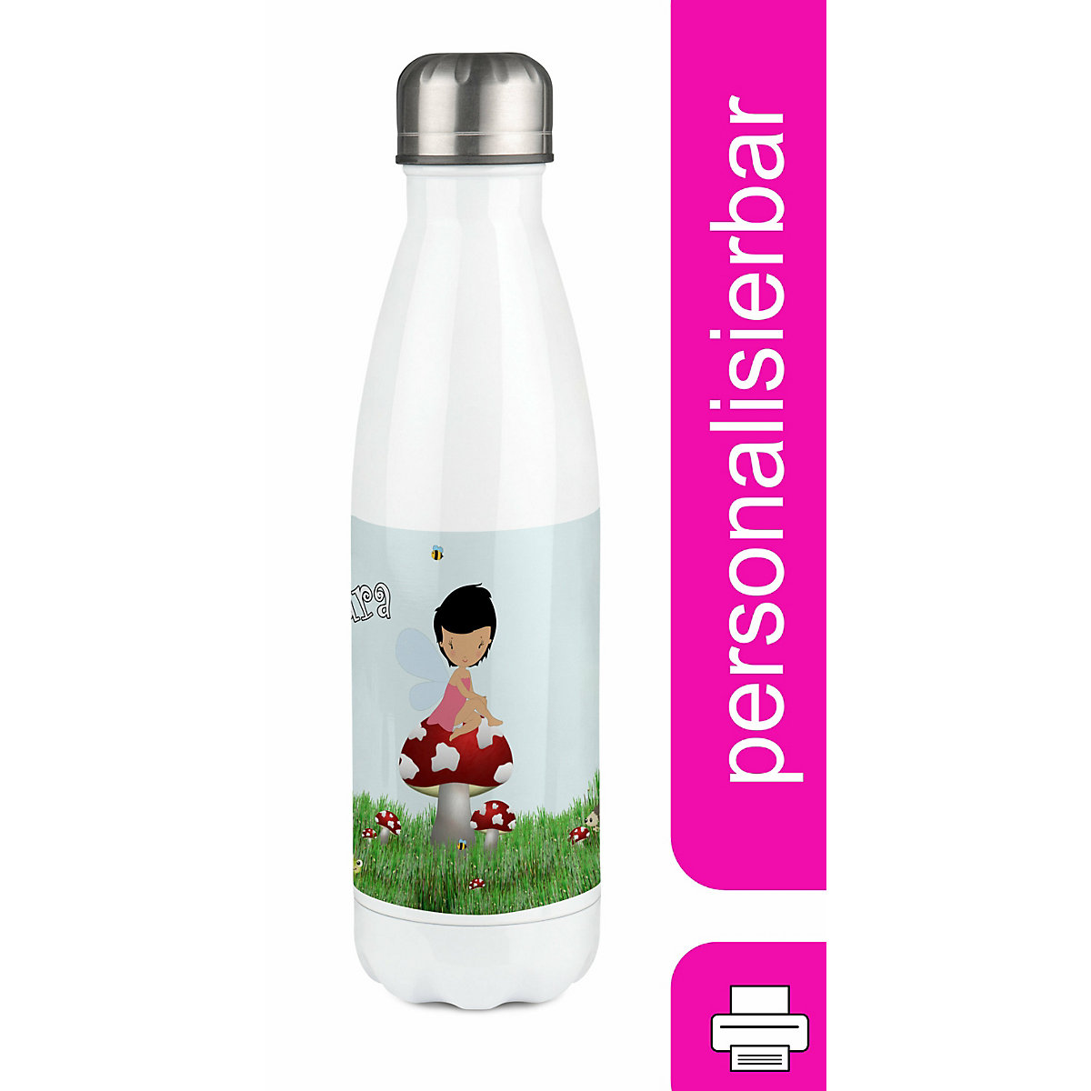 Edelstahl Kinder Thermoflasche / Trinkflasche bunt Waldfee Spülmaschinenfest, Auslaufsicher, Bruchfest, Doppelwandig, Für Heißgetränke geeignet, Mit Deckel, Isoliert