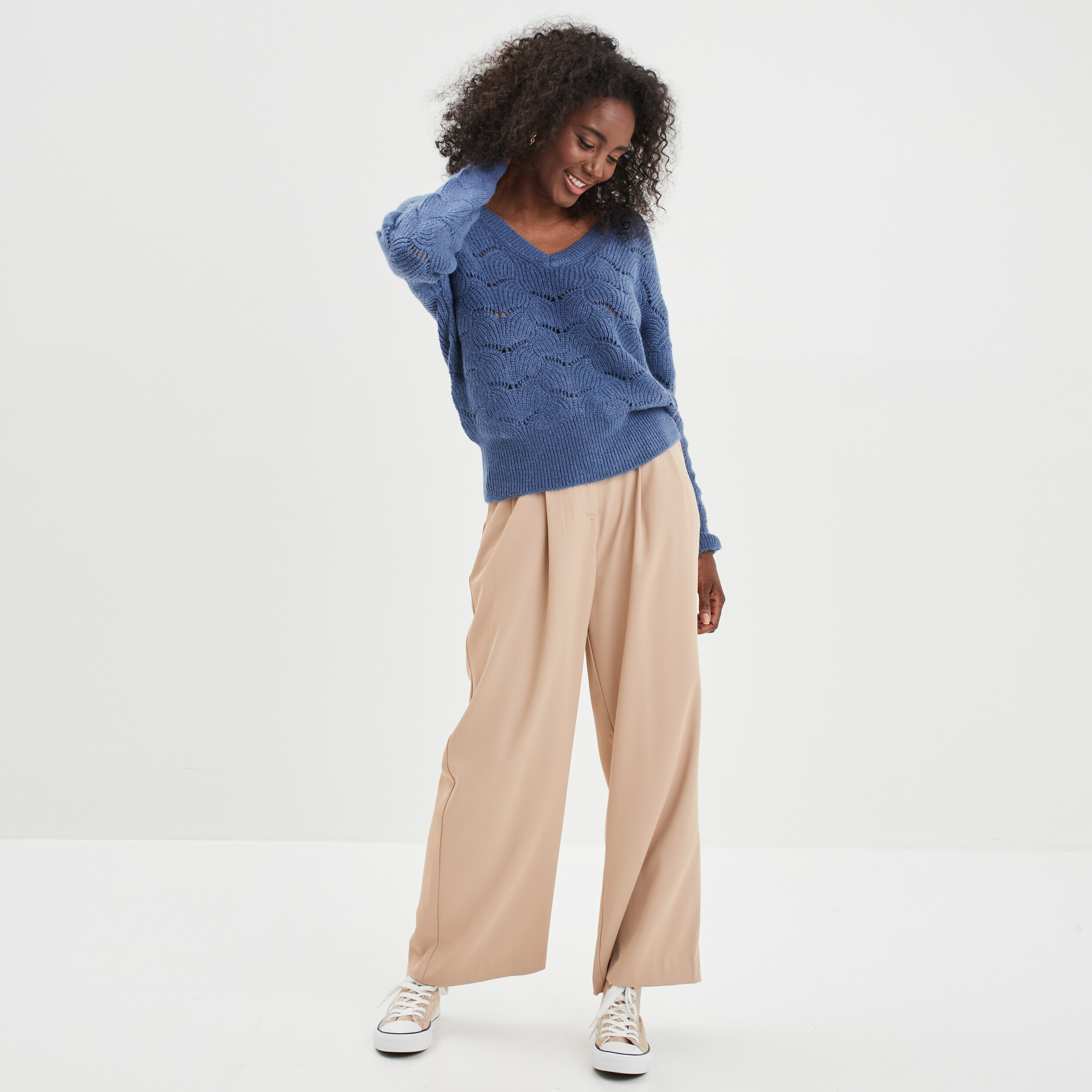 Pull ajouré devant col en V bleu gris femme | La Halle