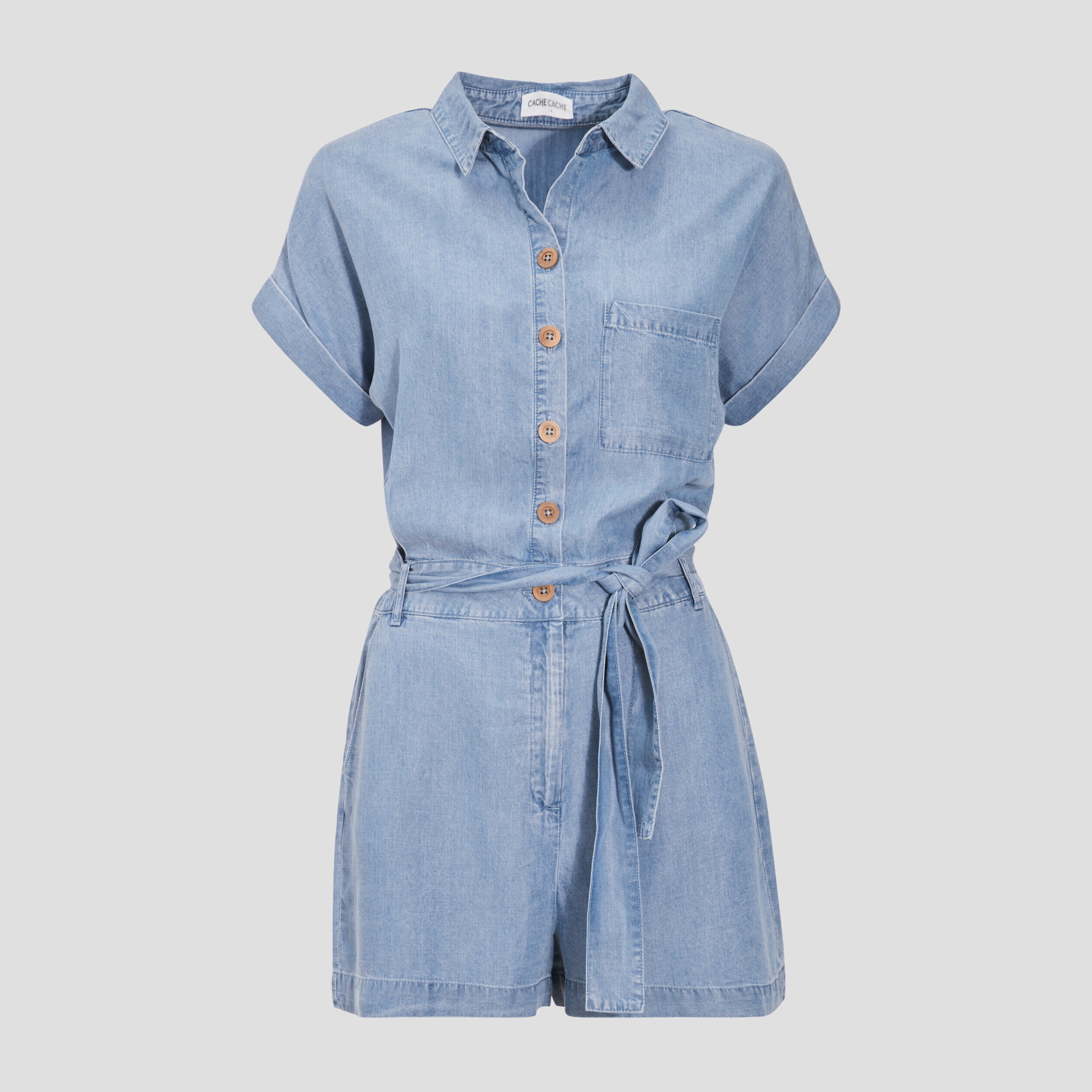 Combishort boutonnée à ceinture denim bleach femme | Cache Cache